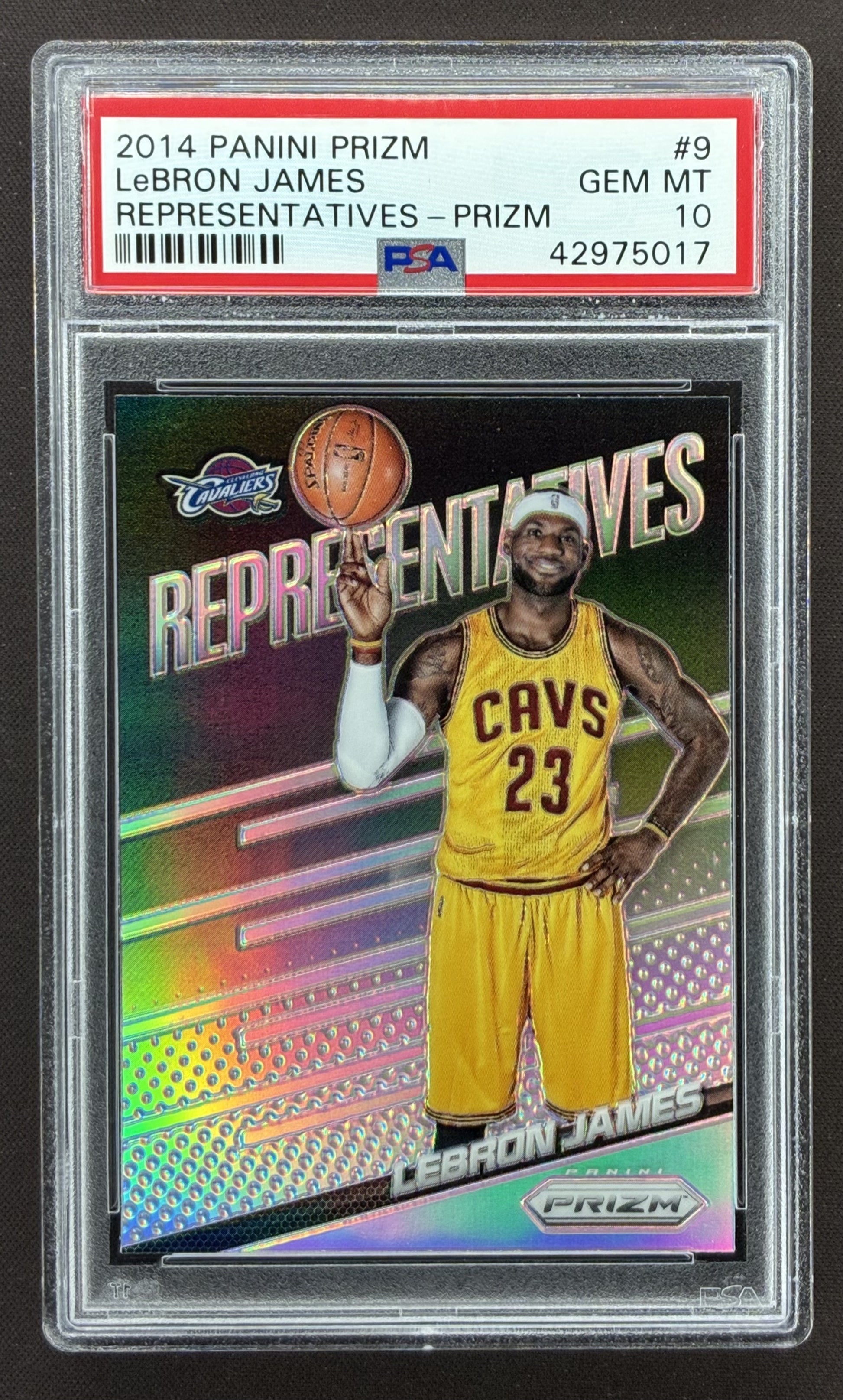 2014-15 Panini Prizm LeBron James Representatives #9 Silver Prizm Cleveland Cavaliers card graded PSA 10 Gem Mint.