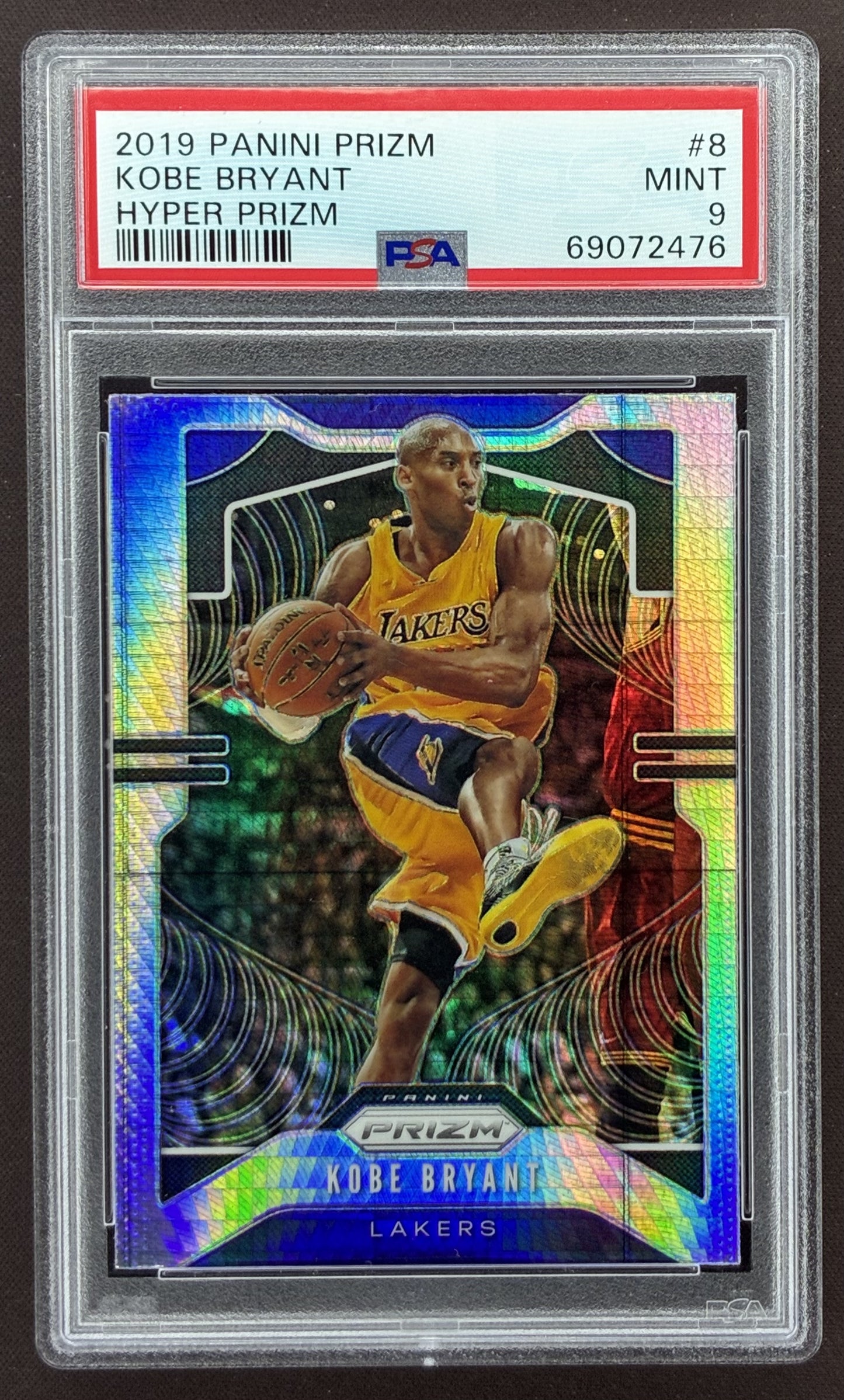 2019-20 Panini Prizm Kobe Bryant #8 Hyper Prizm Los Angeles Lakers basketball card graded PSA 9 Mint.