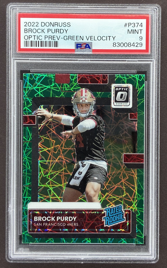 2022 Panini Donruss Brock Purdy Rated Rookie Optic Preview Green Velocity #P-374 graded PSA 9 Mint.