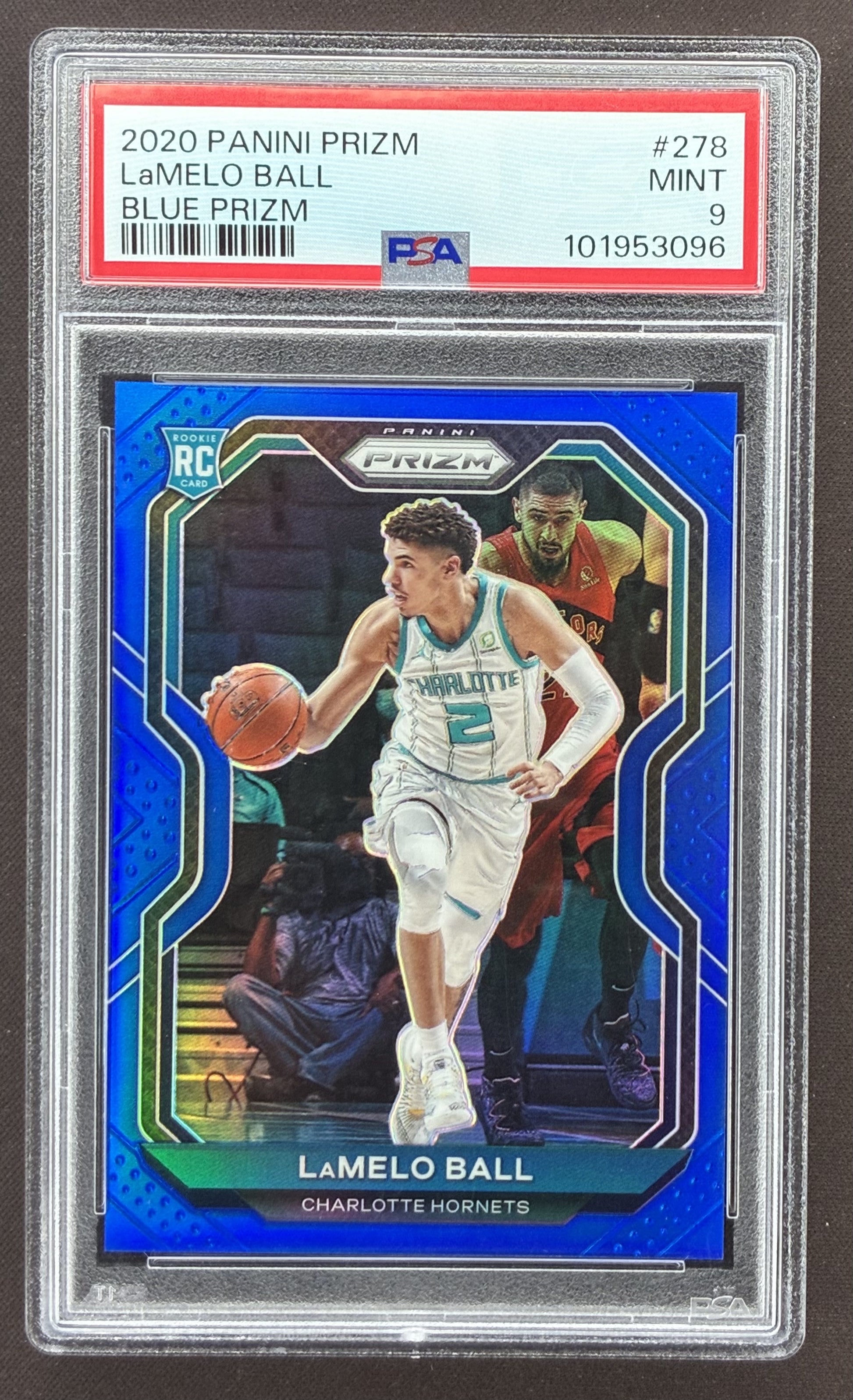 2020-21 Panini Prizm LaMelo Ball rookie #278 Blue Prizm serial numbered to 199, graded PSA 9 Mint.