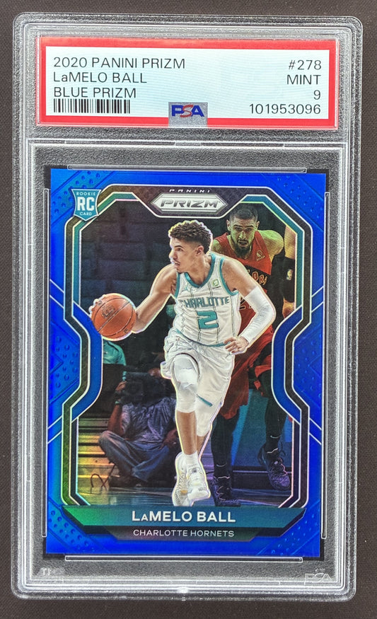 2020-21 Panini Prizm LaMelo Ball rookie #278 Blue Prizm serial numbered to 199, graded PSA 9 Mint.