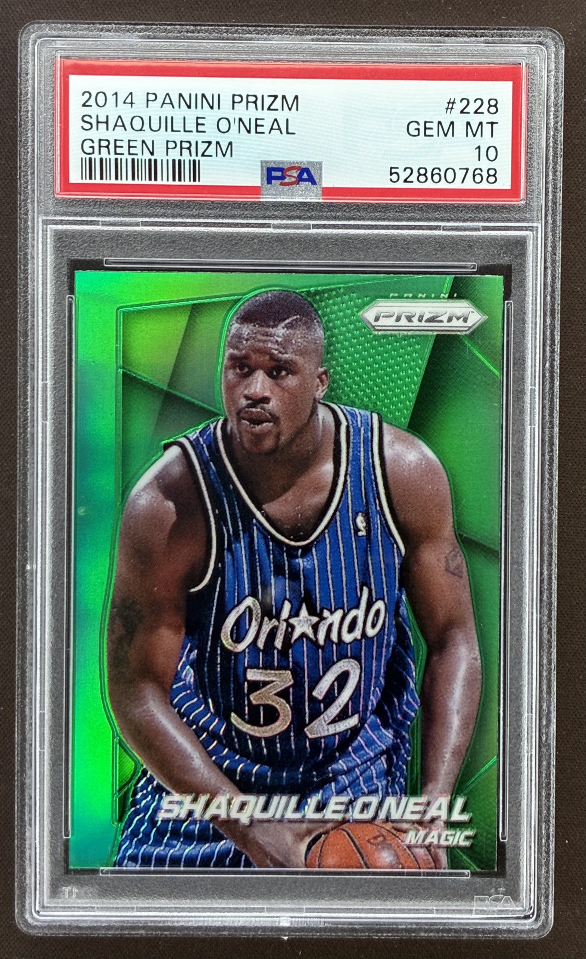 2014-15 Panini Prizm Shaquille O'Neal #228 Green Prizm Orlando Magic basketball card graded PSA 10 Gem Mint.