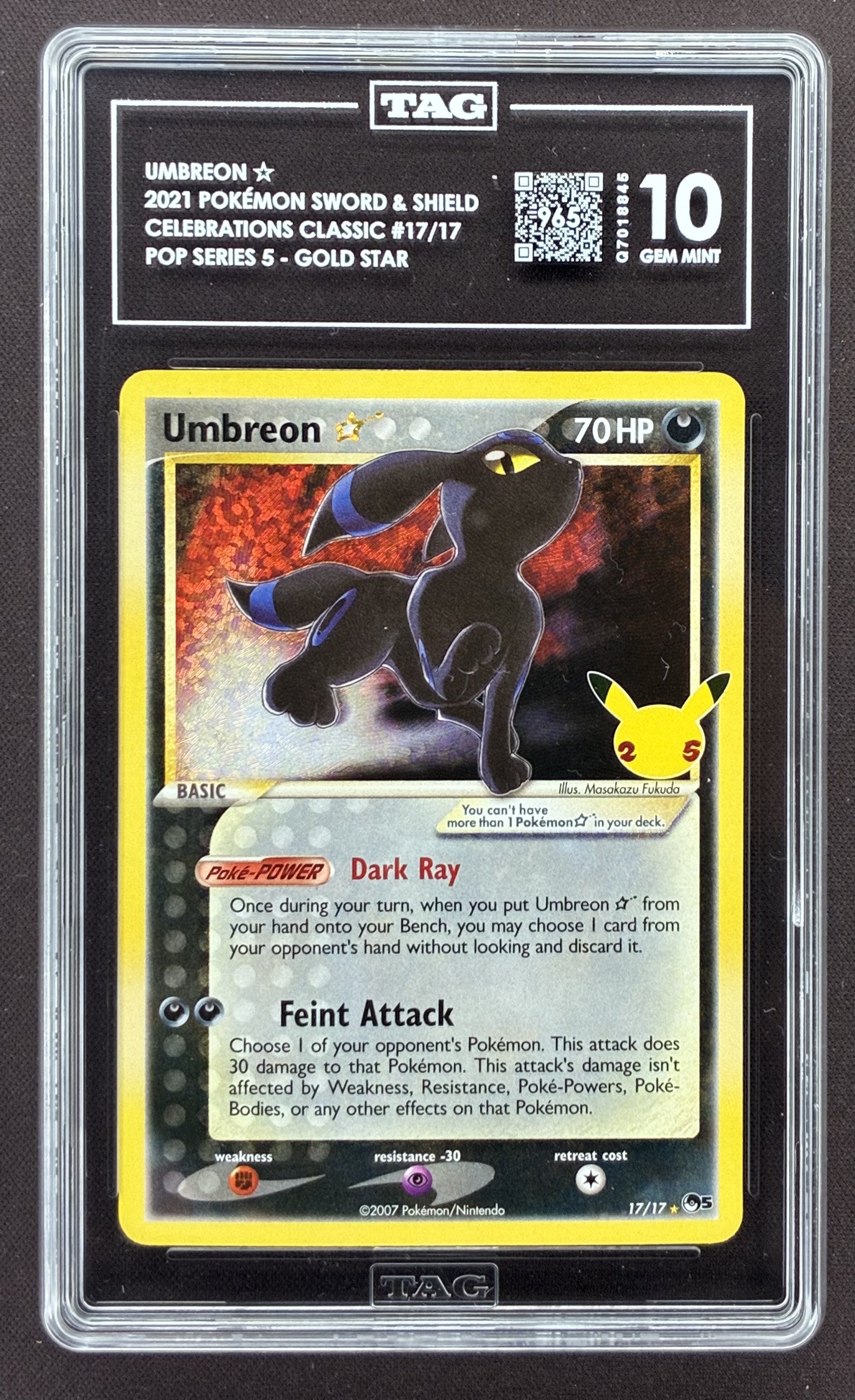 2021 Pokémon Celebrations Classic Collection Umbreon Gold Star 17/17 graded TAG 10 with a TAG score of 965.