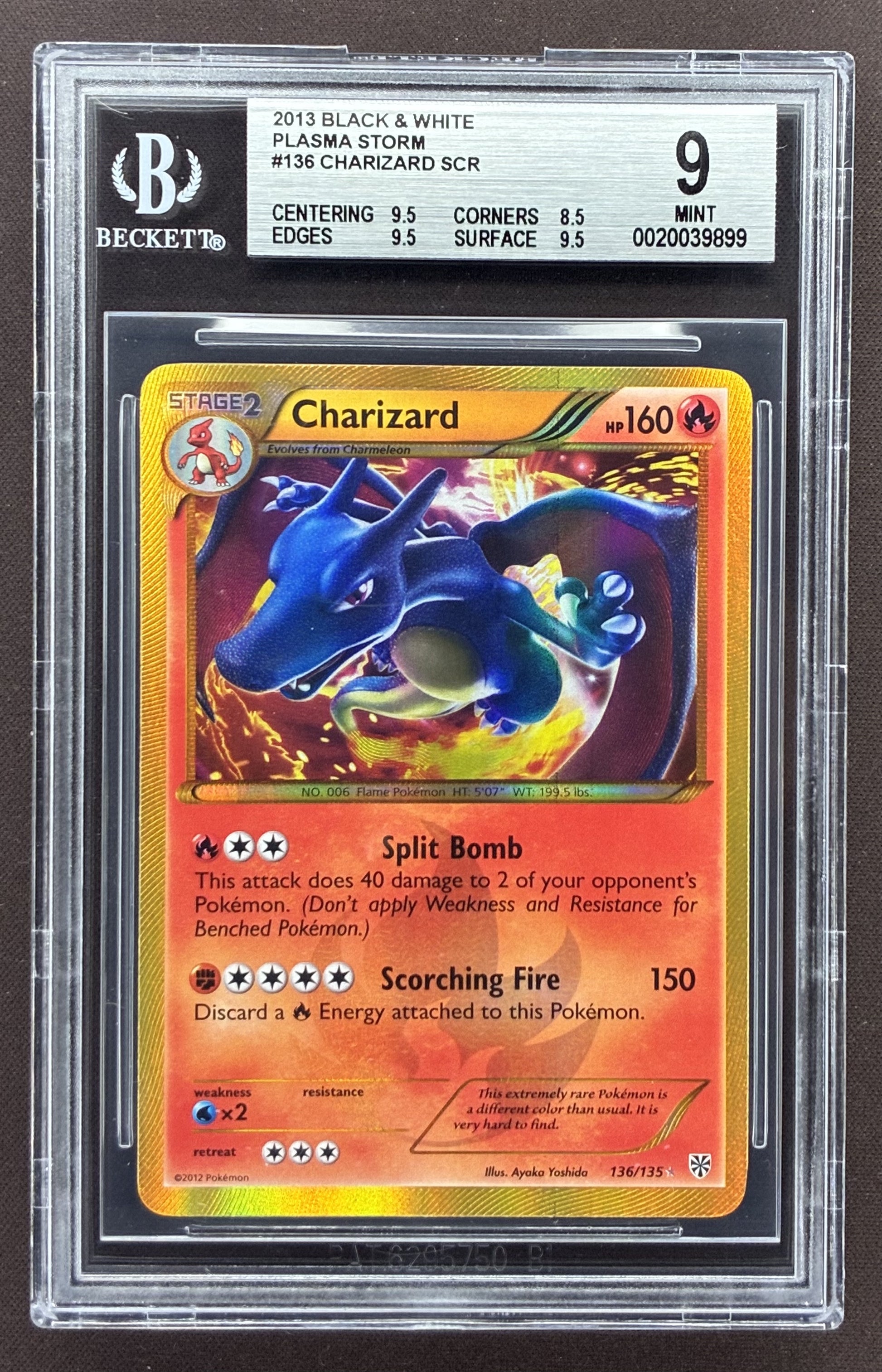 2013 Pokémon Black & White Plasma Storm Charizard 136/135 Secret Rare Shiny Holo card graded BGS 9 Mint.