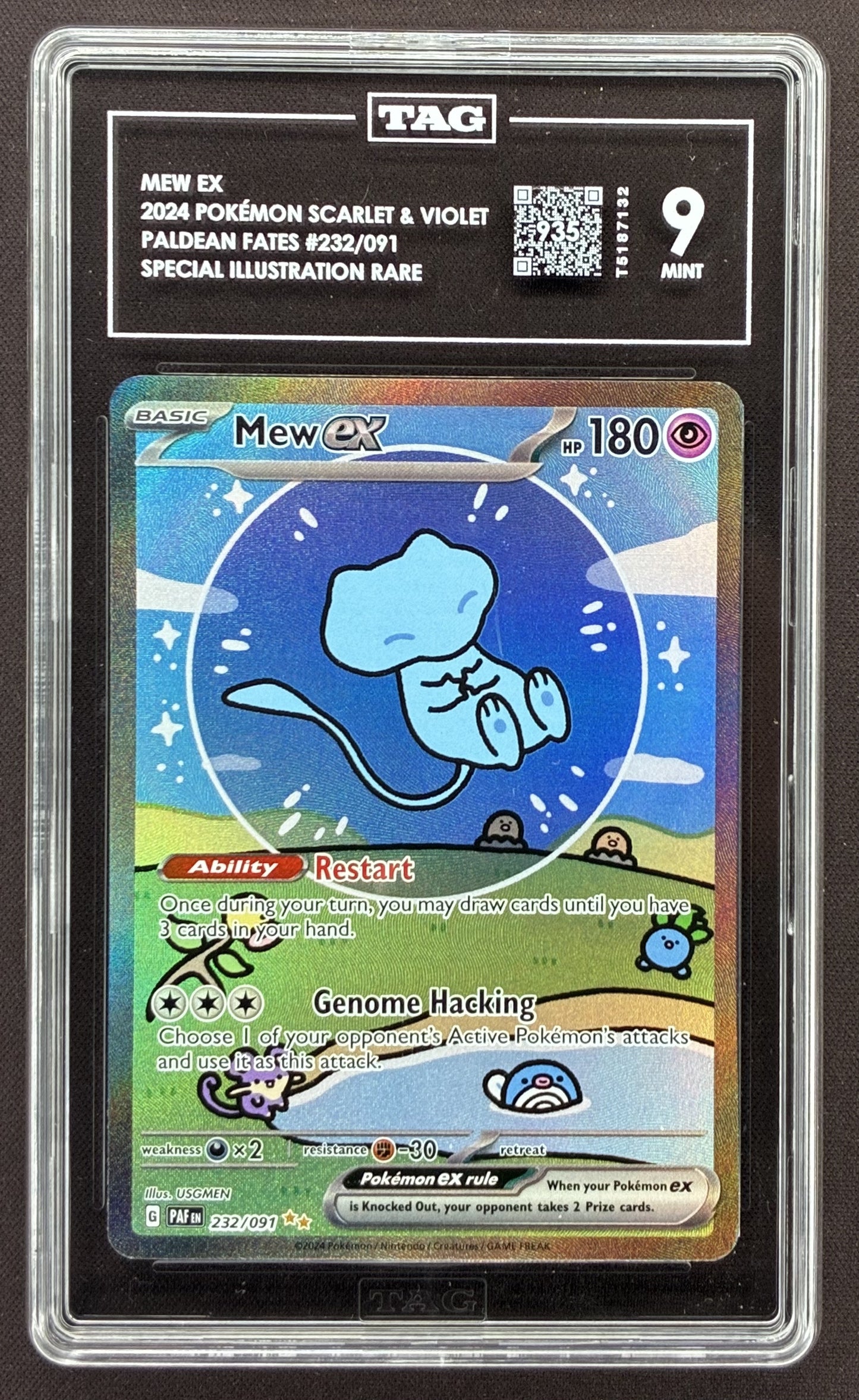 2024 Pokémon Paldean Fates Bubble Mew ex 232/091 Special Illustration Rare graded TAG 9 with a TAG score of 935.
