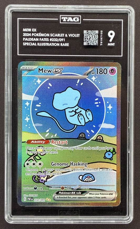 2024 Pokémon Paldean Fates Bubble Mew ex 232/091 Special Illustration Rare graded TAG 9 with a TAG score of 935.