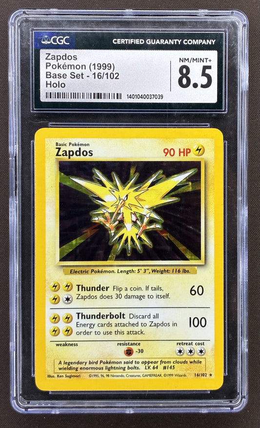 1999 Pokémon Base Set Unlimited Zapdos 16/102 Holo Rare graded CGC 8.5 Near Mint/Mint+.
