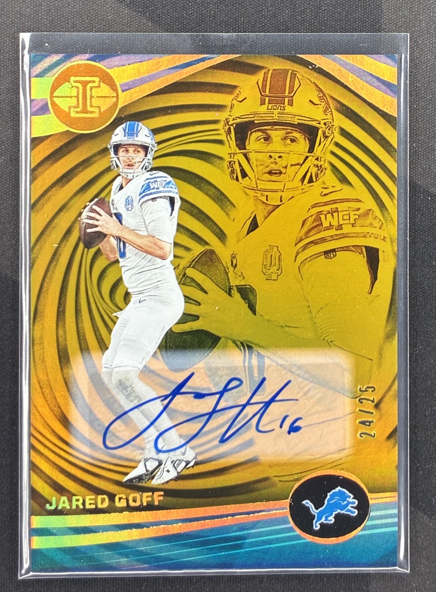 2023 Panini Illusions Jared Goff Trophy Collection Signatures Gold autograph #35 serial numbered to 25.