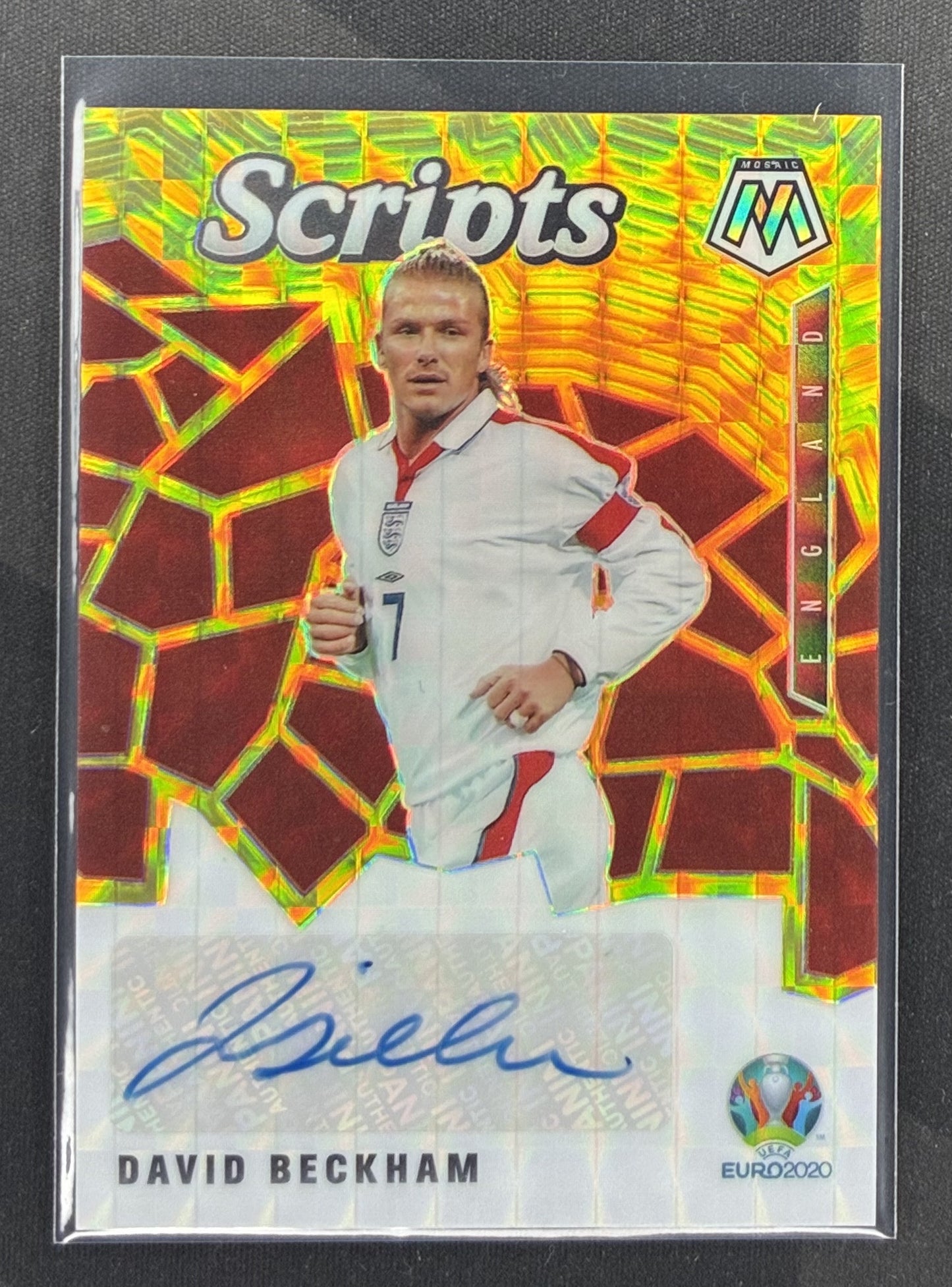 2020-21 Panini Mosaic UEFA Euro David Beckham Scripts Gold Mosaic autograph card serial numbered to 10.
