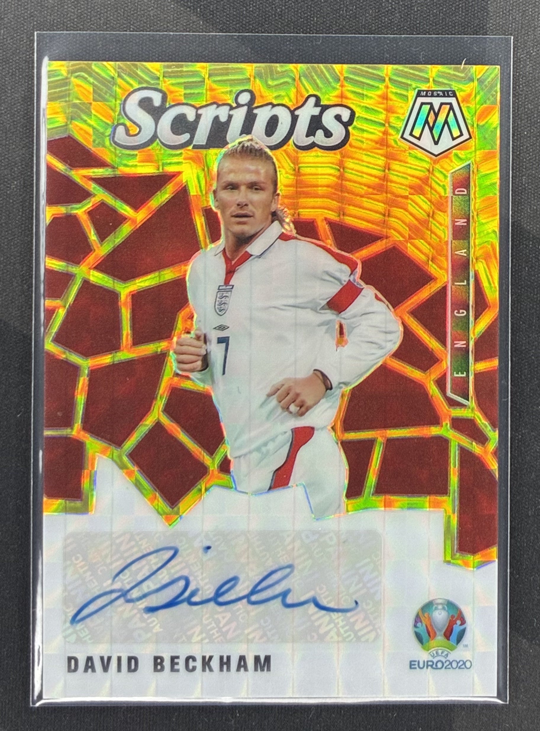 2020-21 Panini Mosaic UEFA Euro David Beckham Scripts Gold Mosaic autograph card serial numbered to 10.