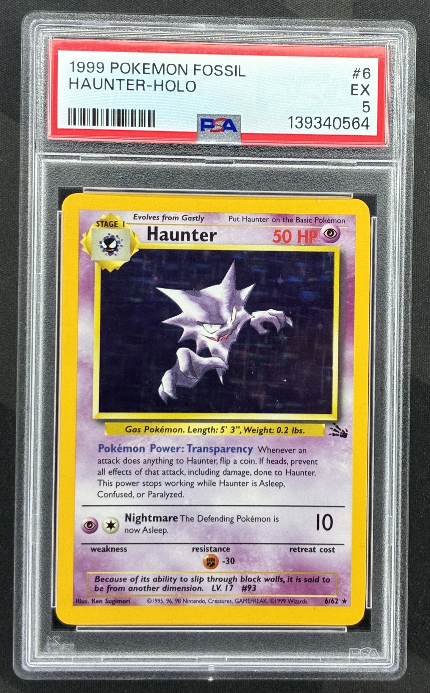 1999 Pokémon Fossil Haunter 6/62 Holo Rare Unlimited card graded PSA 5 Excellent.