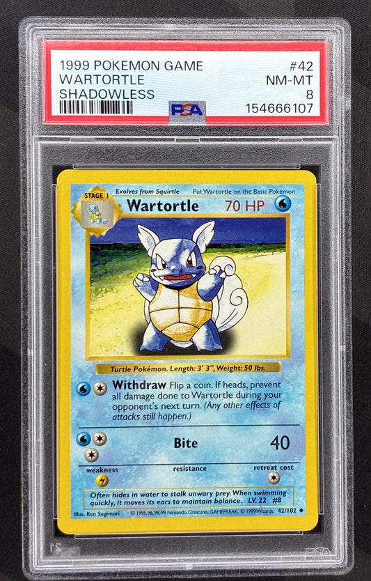 1999 Pokémon Base Set Wartortle 42/102 Shadowless English card graded PSA 8 Near Mint-Mint.
