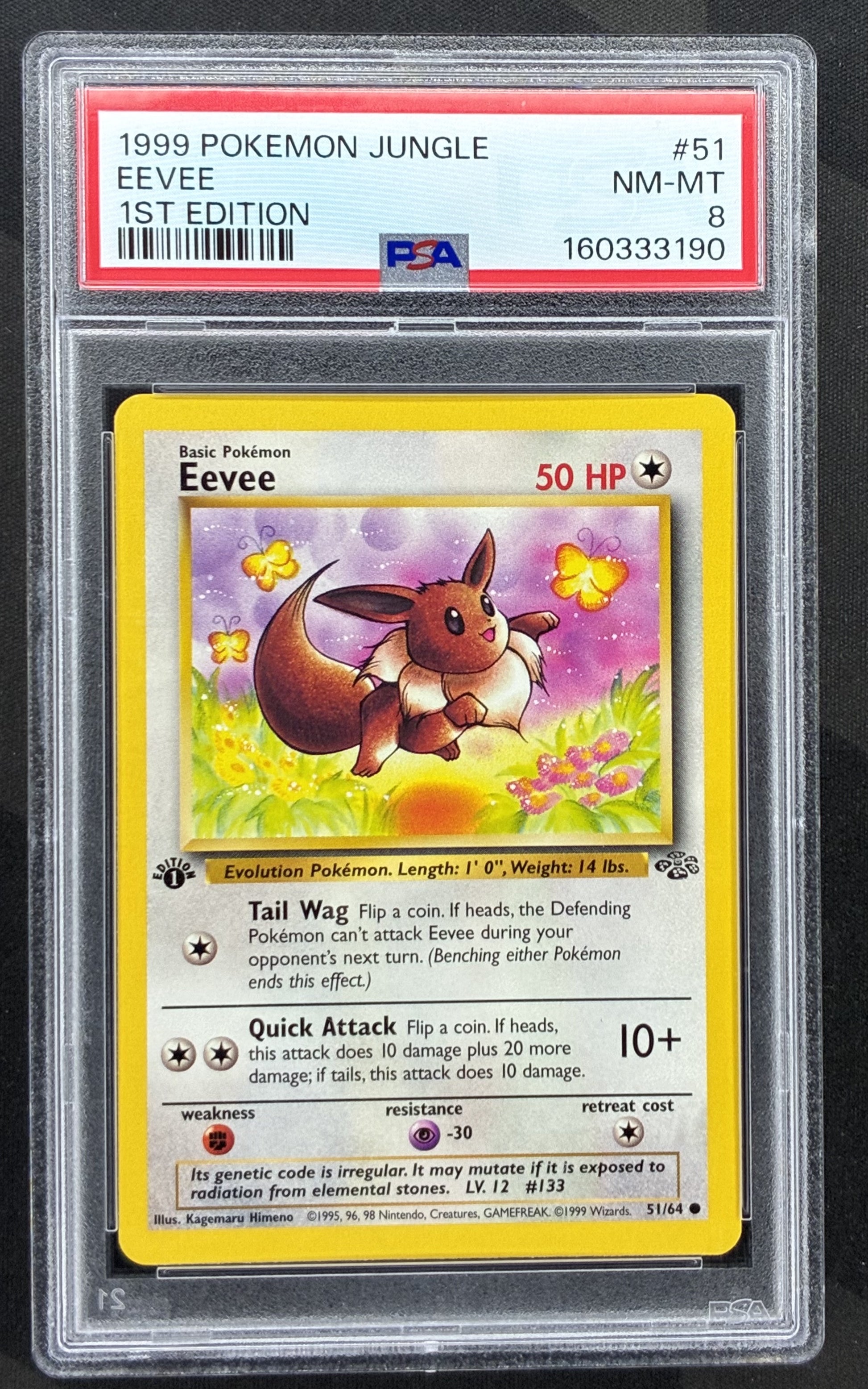 1999 Pokémon Jungle Eevee 51/64 1st Edition English card graded PSA 8 Near Mint-Mint.