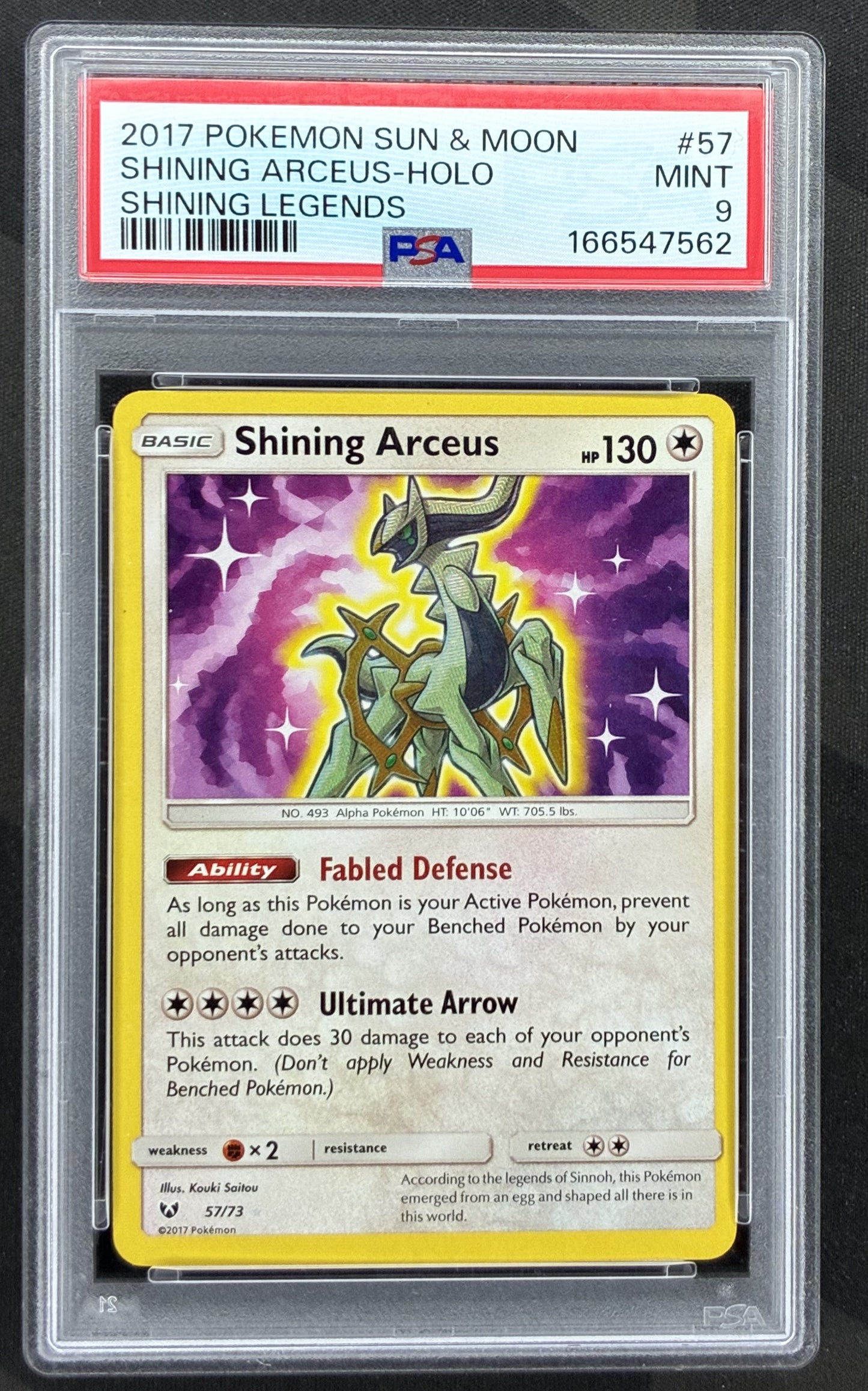 2017 Pokémon Shining Legends Shining Arceus 57/73 Rare Shining Holo card graded PSA 9 Mint.