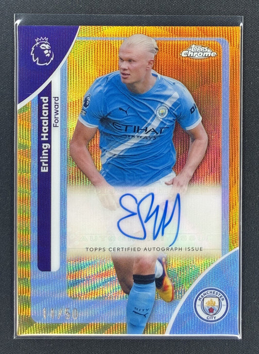 2026 Topps Chrome Premier League Erling Haaland Manchester City Gold Wave Refractor autograph numbered to 50.