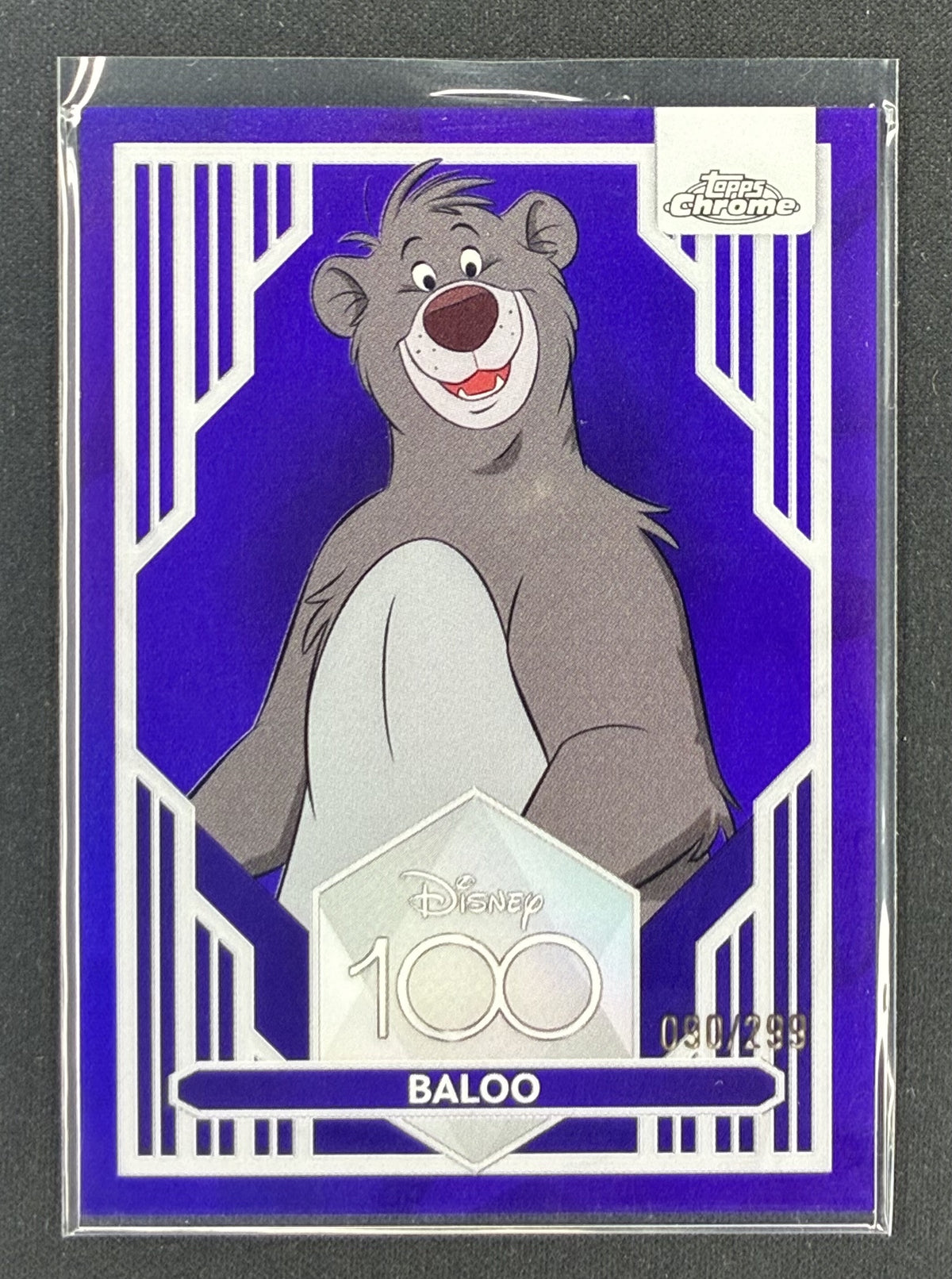 2023 Topps Chrome Disney 100 Baloo number 48 Purple Refractor serial numbered to 299.