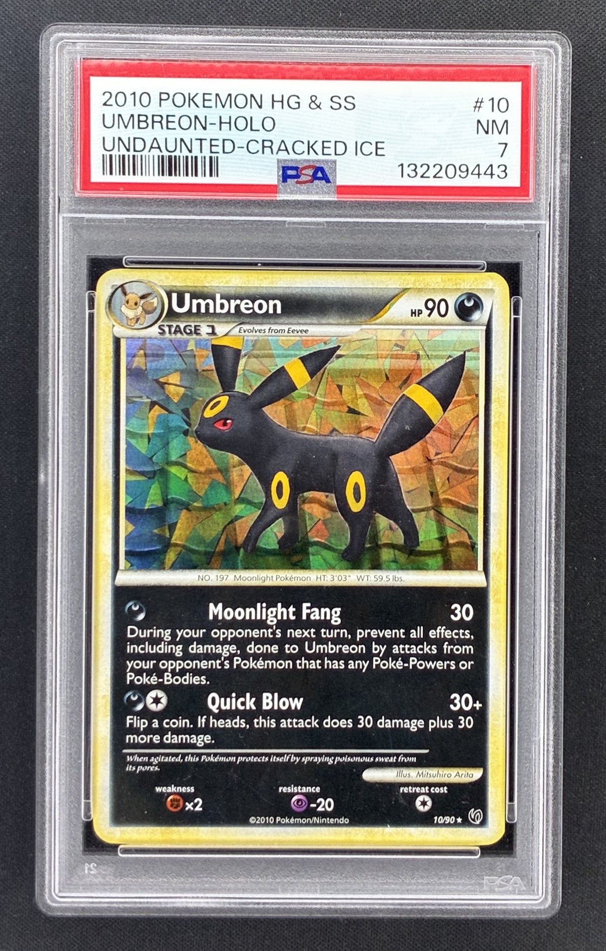 2010 Pokémon HGSS Undaunted Umbreon 10/90 Cracked Ice Holo blister card graded PSA 7 Near Mint.