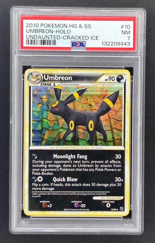 2010 Pokémon HGSS Undaunted Umbreon 10/90 Cracked Ice Holo blister card graded PSA 7 Near Mint.