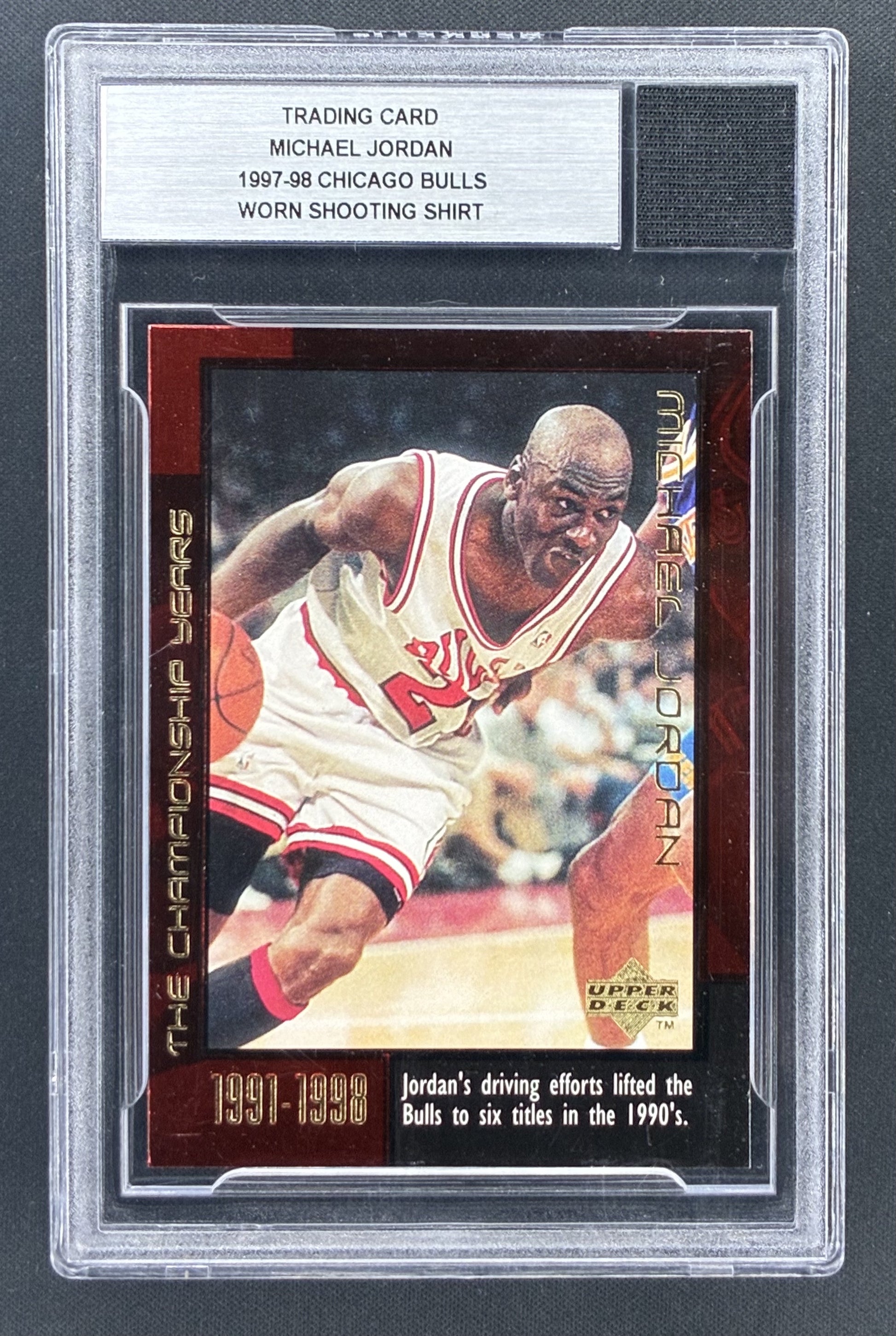 1997-98 Upper Deck Michael Jordan Championship Years certified game-worn shooting shirt memorabilia authenticated by Beckett.