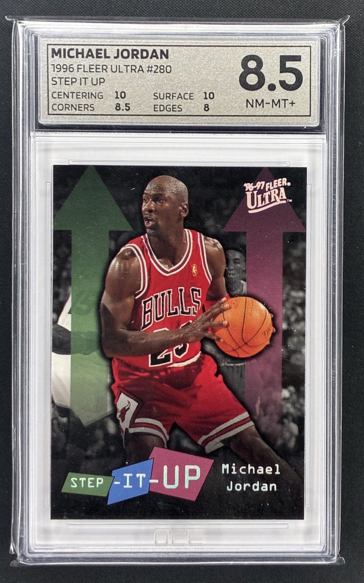 1996-97 Fleer Ultra Michael Jordan Step-It-Up number 280 Chicago Bulls basketball card graded OCE 8.5.