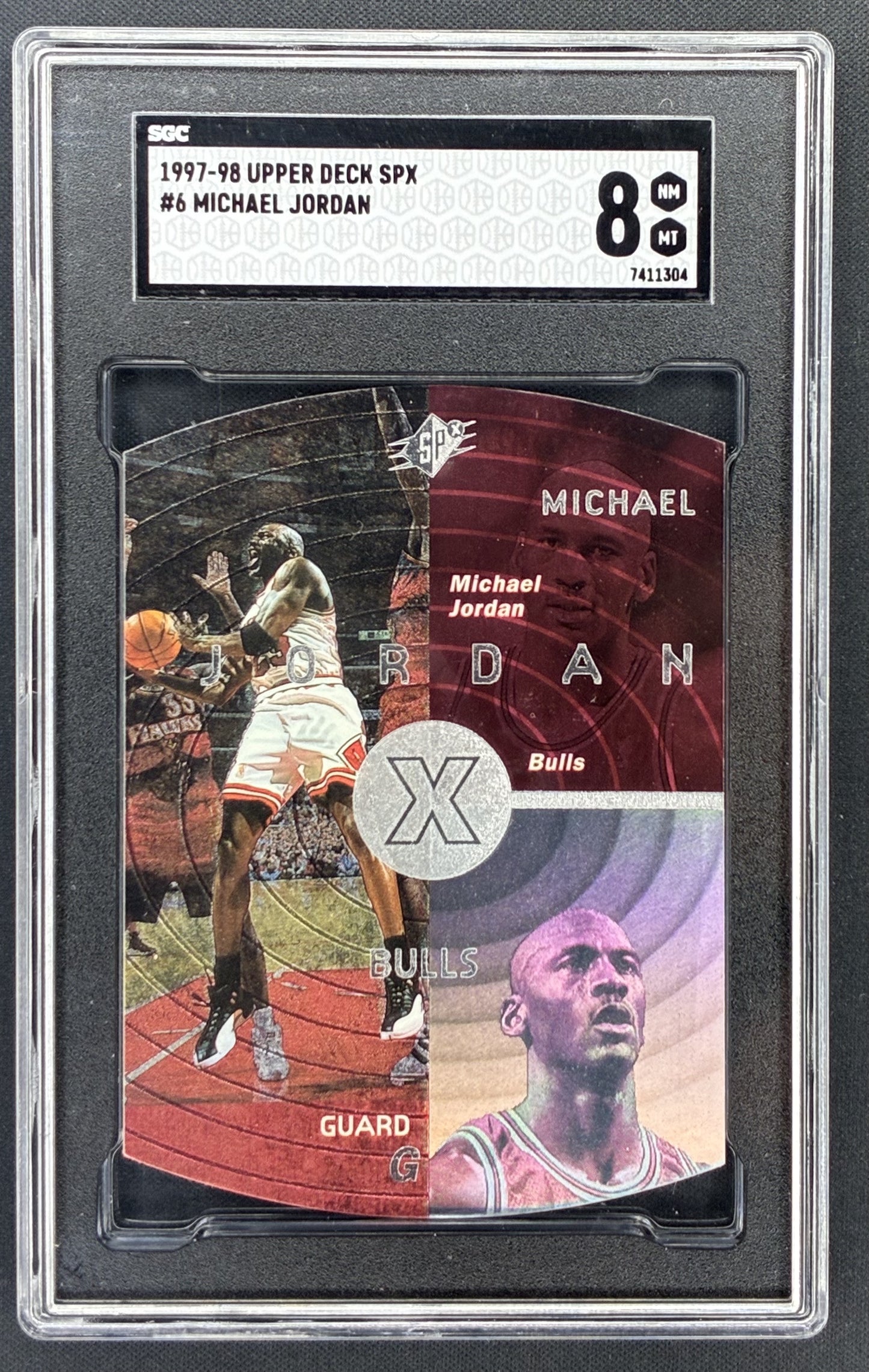 1997-98 Upper Deck SPx Michael Jordan number 6 HoloView die-cut Chicago Bulls basketball card graded SGC 8 NM-MT.