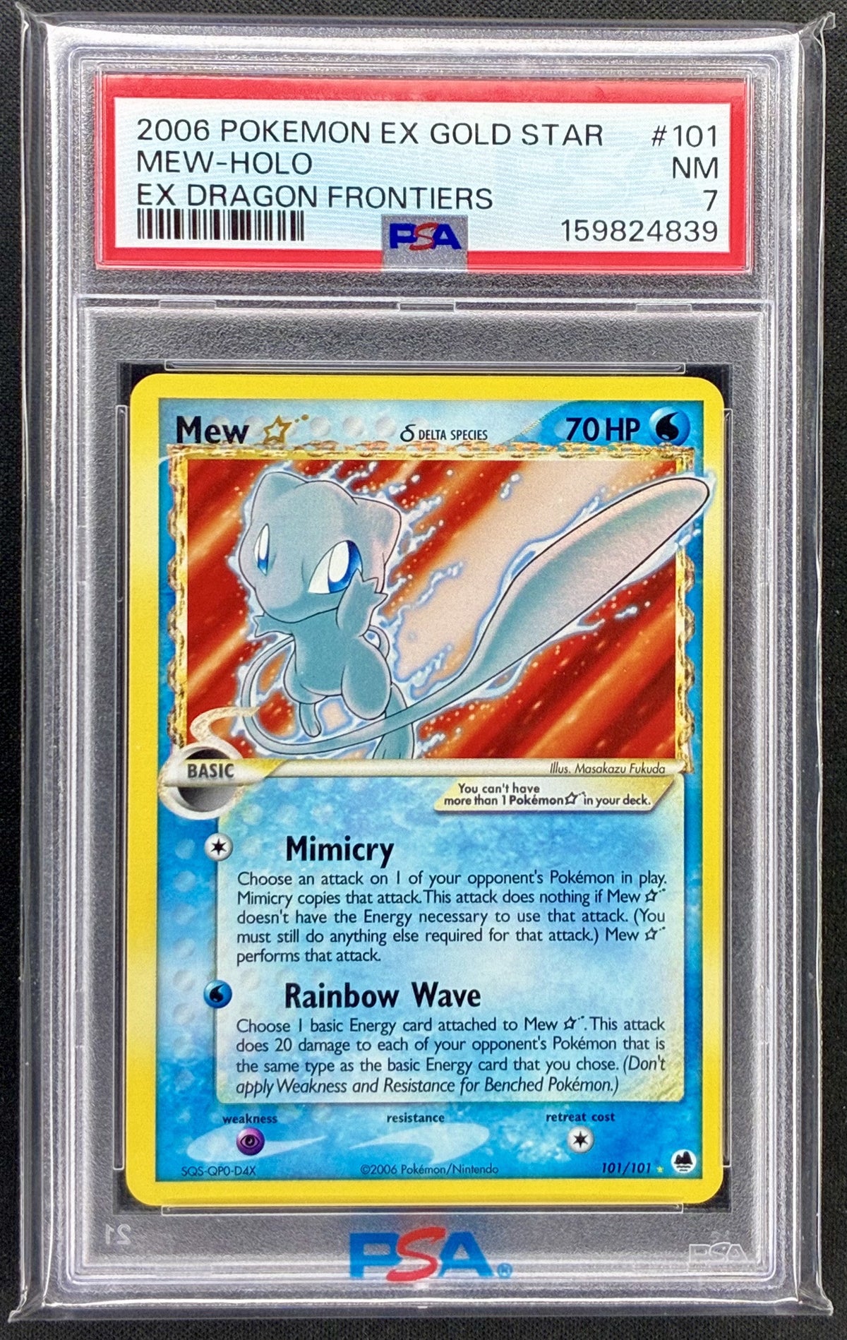 2006 Pokémon EX Dragon Frontiers Mew Gold Star 101/101 Holo Delta Species PSA 7 graded card.