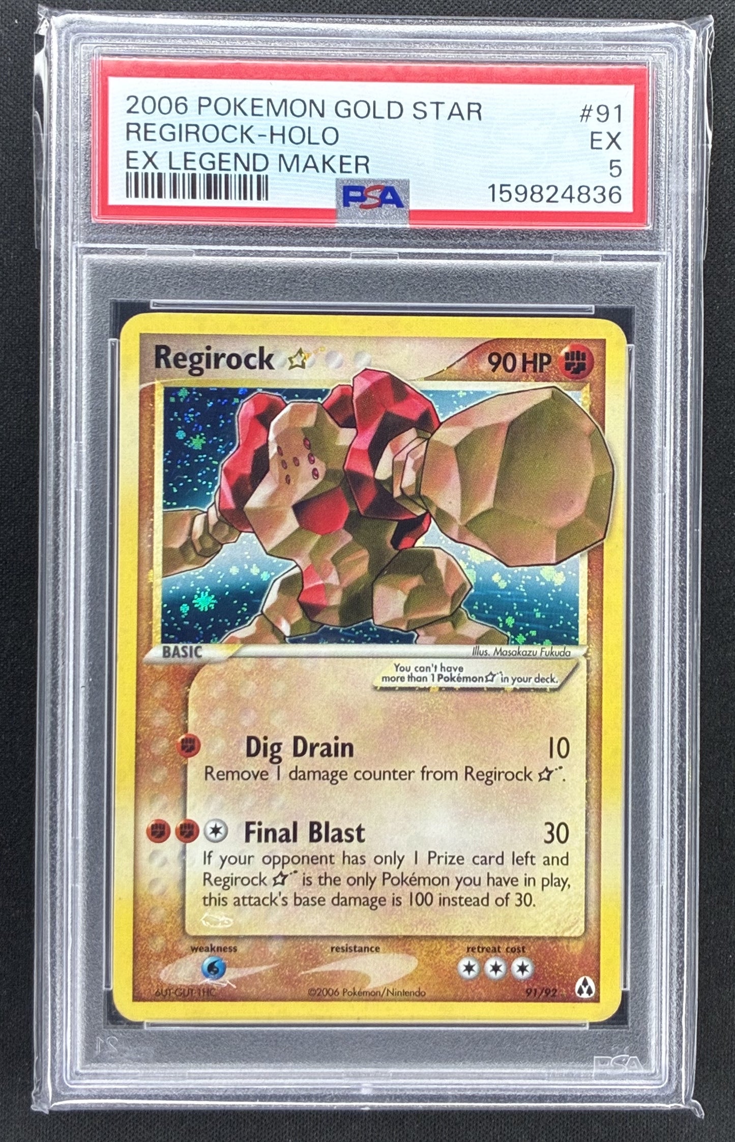 2006 Pokémon EX Legend Maker Regirock Gold Star 91/92 Holo PSA 5 graded card.