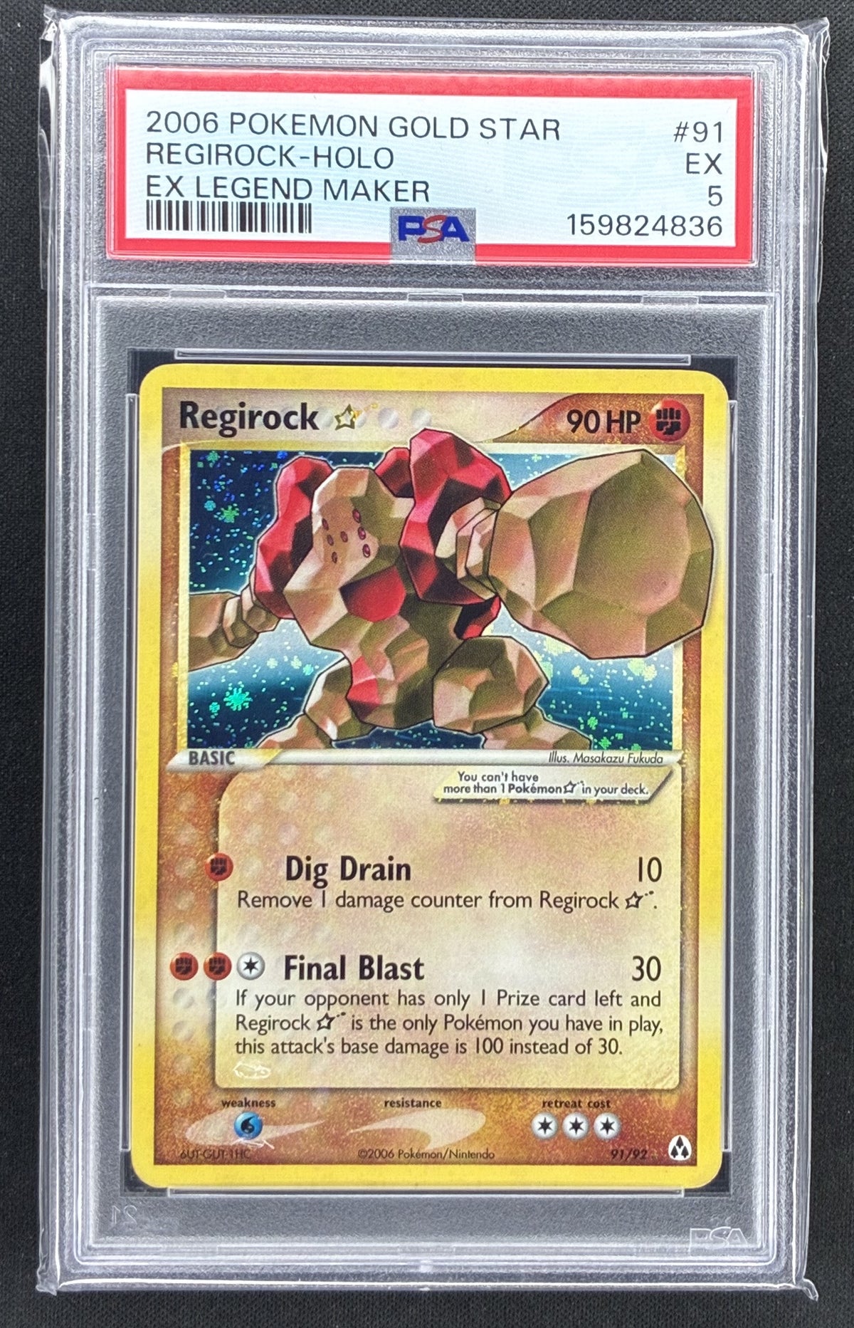 2006 Pokémon EX Legend Maker Regirock Gold Star 91/92 Holo PSA 5 graded card.