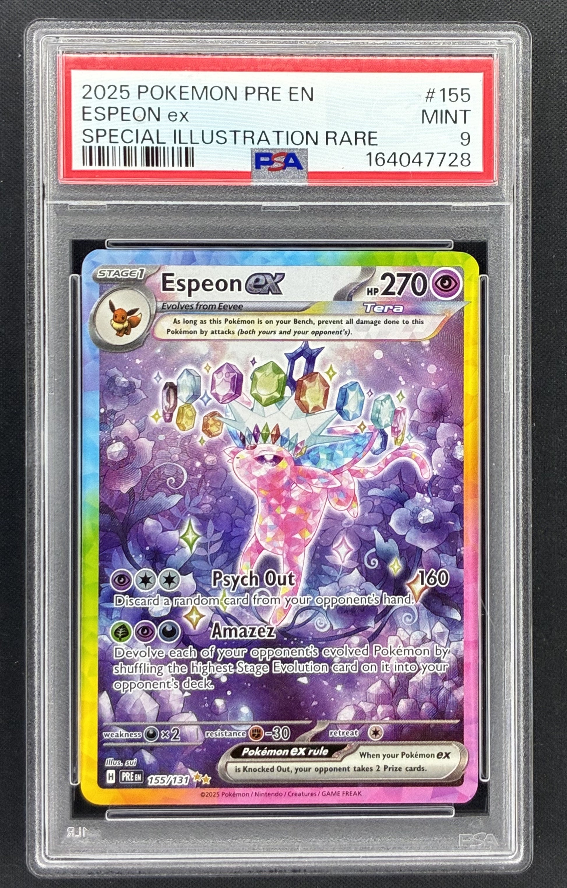 2025 Pokémon Prismatic Evolutions Espeon ex 155/131 Special Illustration Rare PSA 9 graded card.