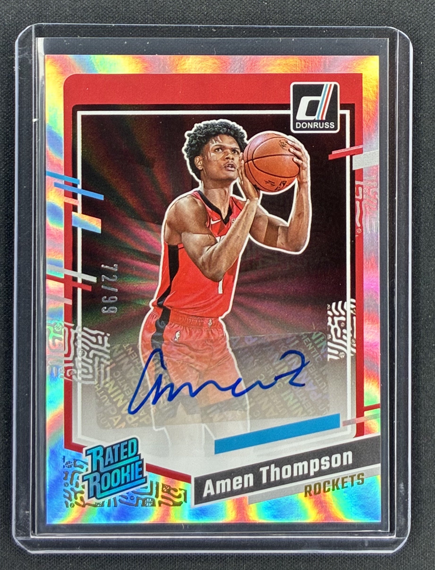2023-24 Panini Donruss Amen Thompson #253 Rated Rookie Holo Laser autograph numbered to 99 PSA 9.