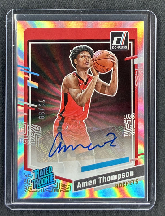 2023-24 Panini Donruss Amen Thompson #253 Rated Rookie Holo Laser autograph numbered to 99 PSA 9.