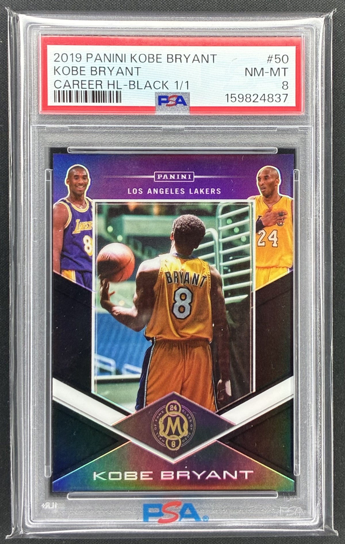 2019-20 Panini Kobe Bryant Career Highlights #50 Black Prizm one-of-one 1/1 PSA 8 graded basketball card.