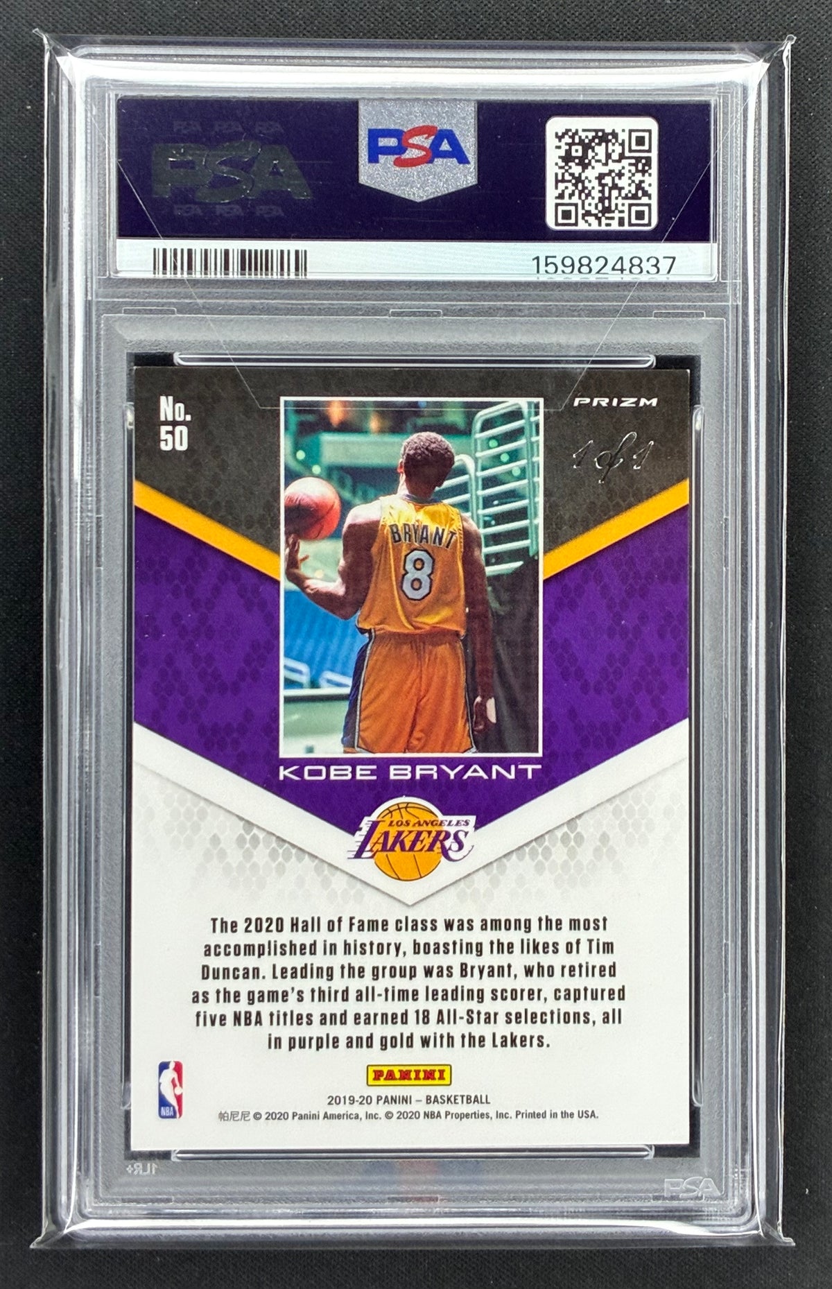 2019-20 Panini Kobe Bryant Career Highlights #50 Black Prizm 1/1 PSA 8