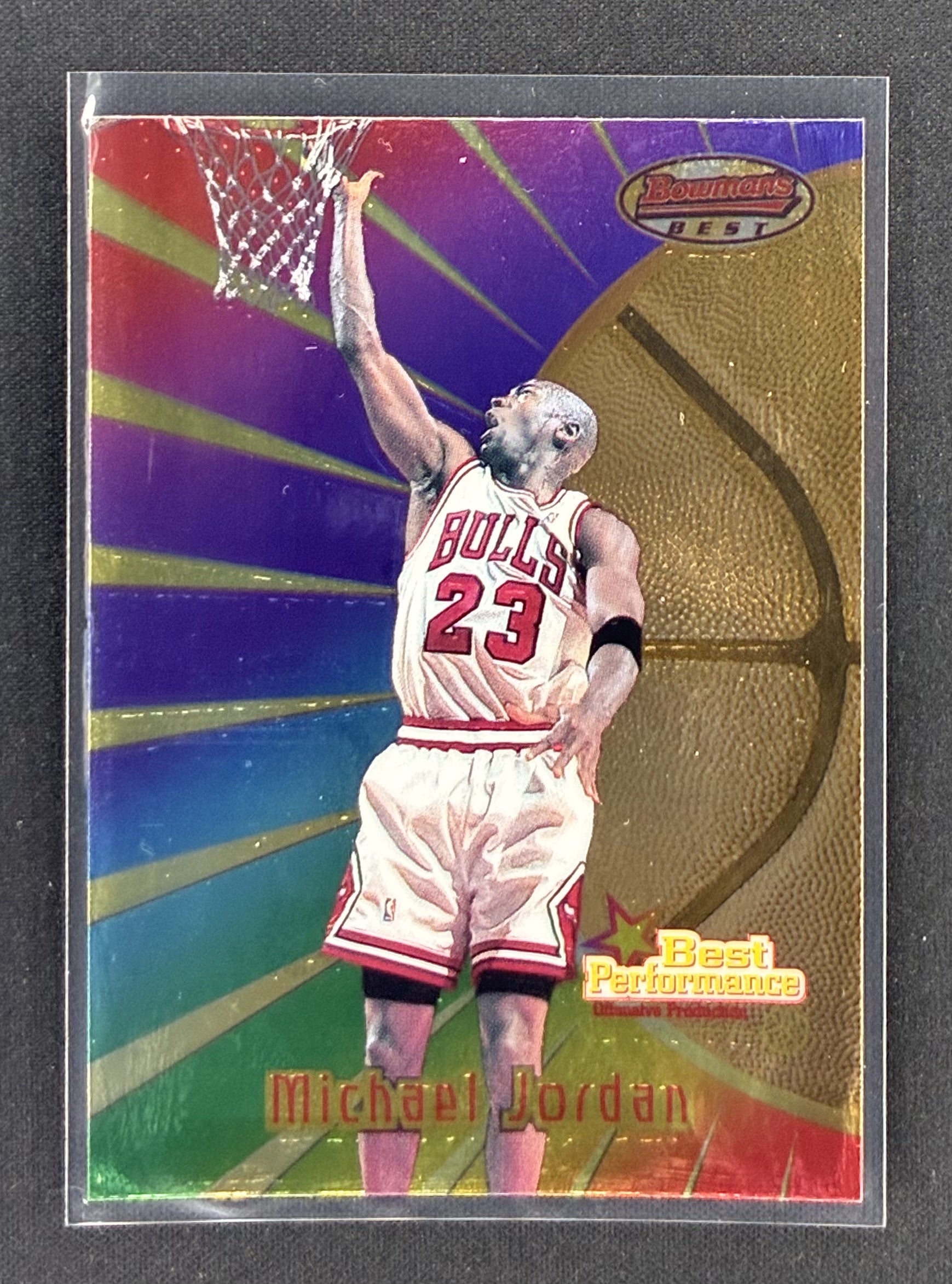 1997-98 Bowman's Best Michael Jordan #96 Best Performance holographic foil Chicago Bulls basketball card.