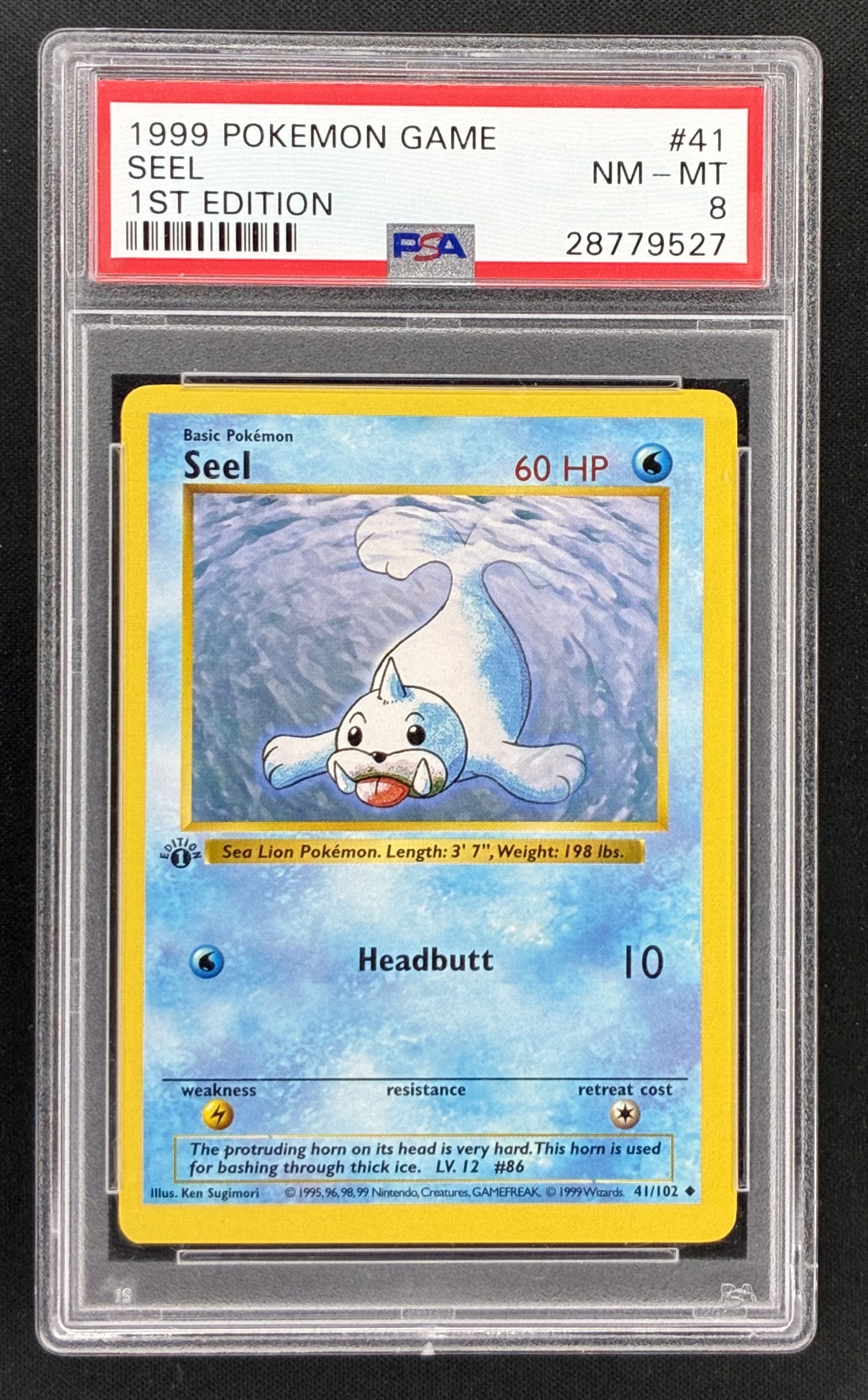 1999 Pokémon Base Set Seel 41/102 1st Edition Shadowless Grey Stamp PSA 8 graded card