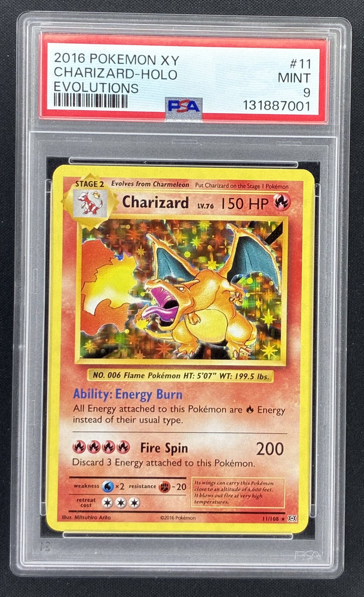 2016 Pokémon XY Evolutions Charizard 11/108 Holo Rare PSA 9 MINT graded card.