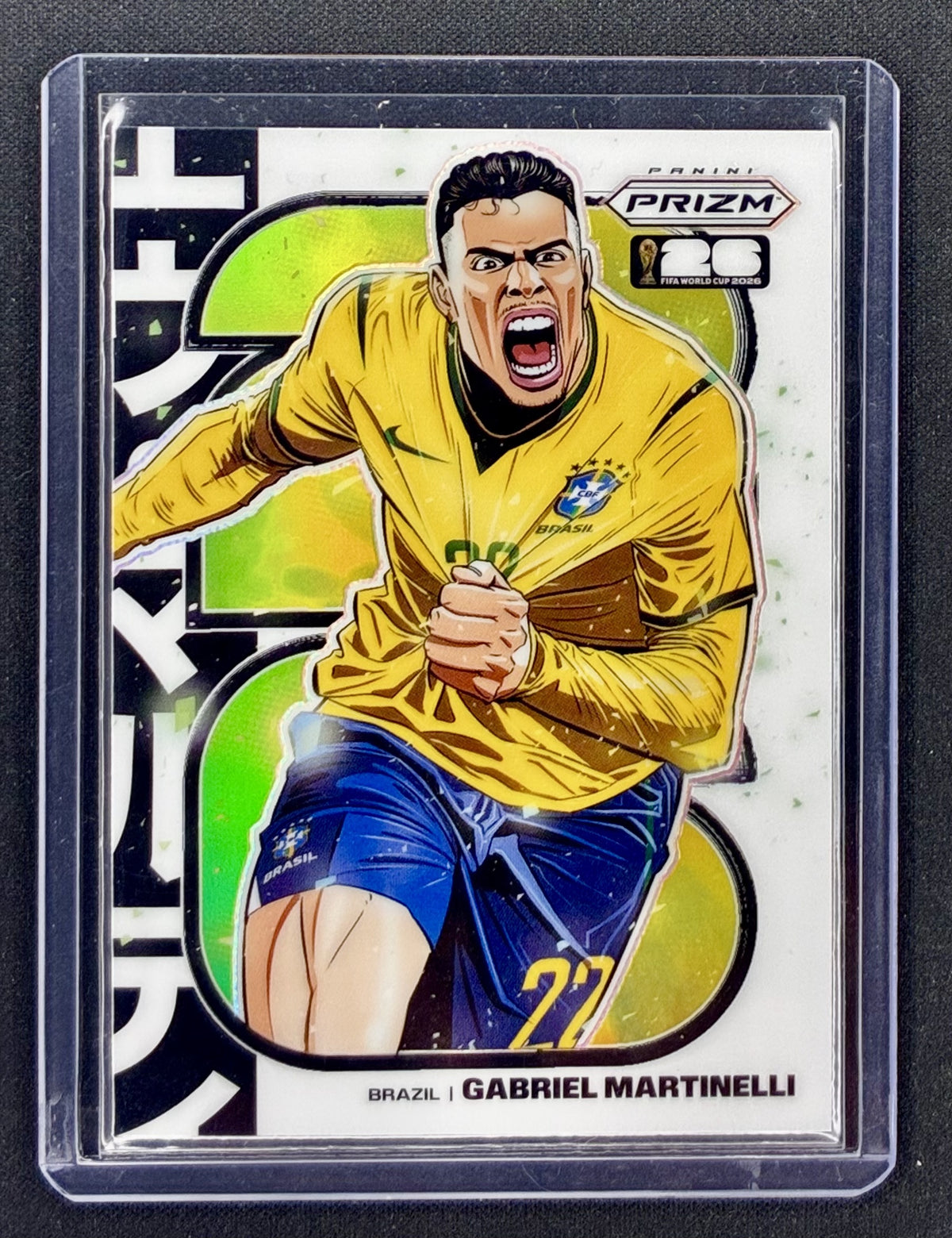 2026 Panini Prizm FIFA World Cup Gabriel Martinelli Manga #2 SSP Case Hit card featuring Martinelli for Brazil.