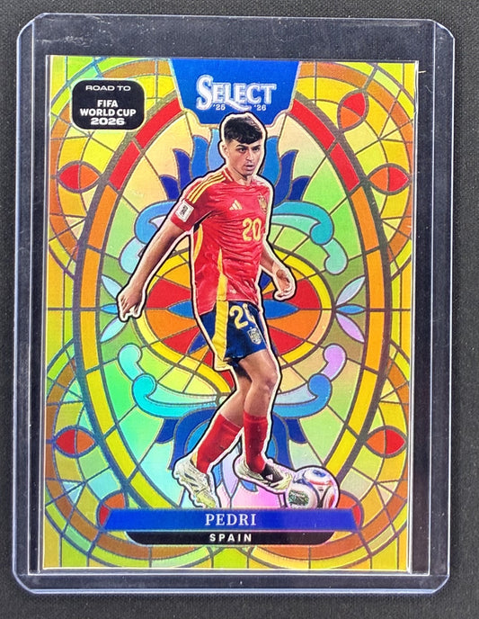 2025-26 Panini Select Road to FIFA World Cup Pedri Stained Glass #16 SSP case-hit soccer card for Spain.