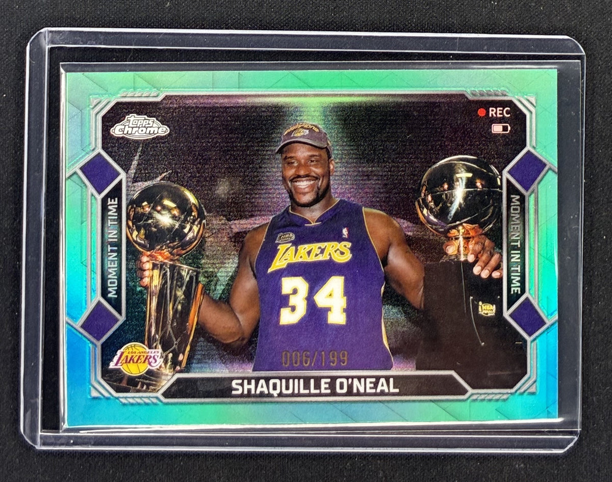 2025-26 Topps Chrome Update Shaquille O'Neal Moments in Time MT-22 Los Angeles Lakers basketball card numbered to 199.