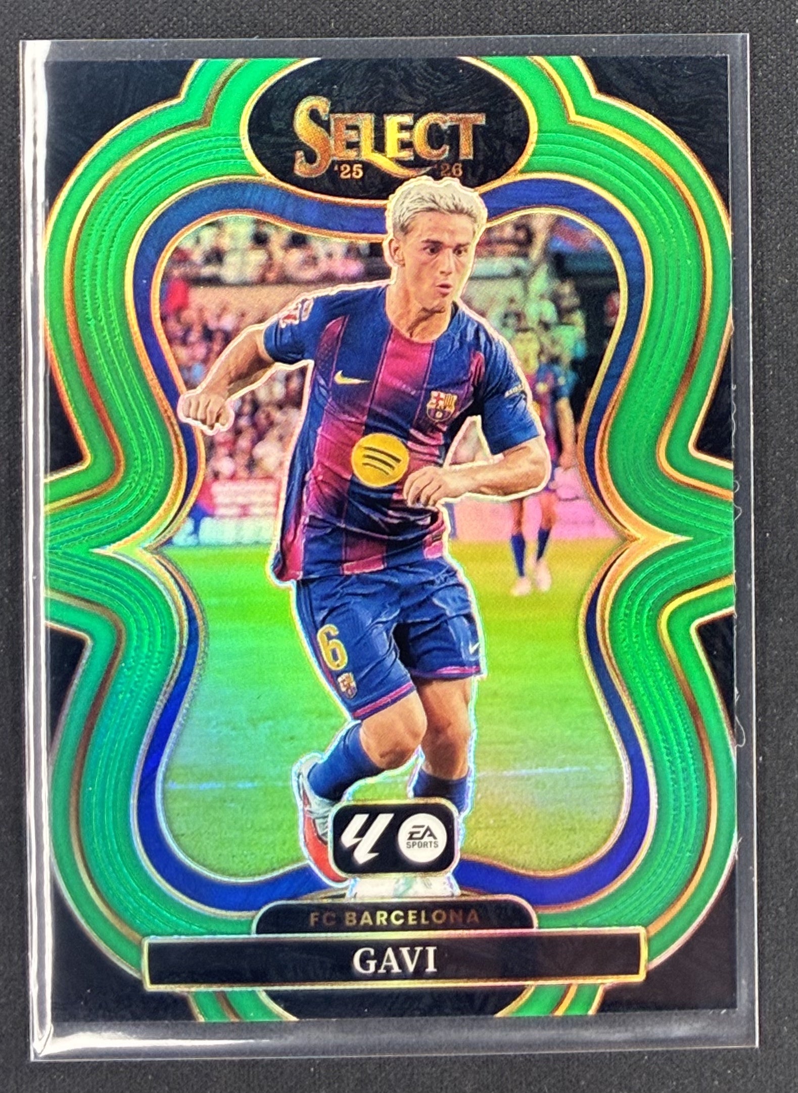 2025-26 Panini Select La Liga Gavi Mezzanine #103 Green Prizm soccer card serial numbered to 5.