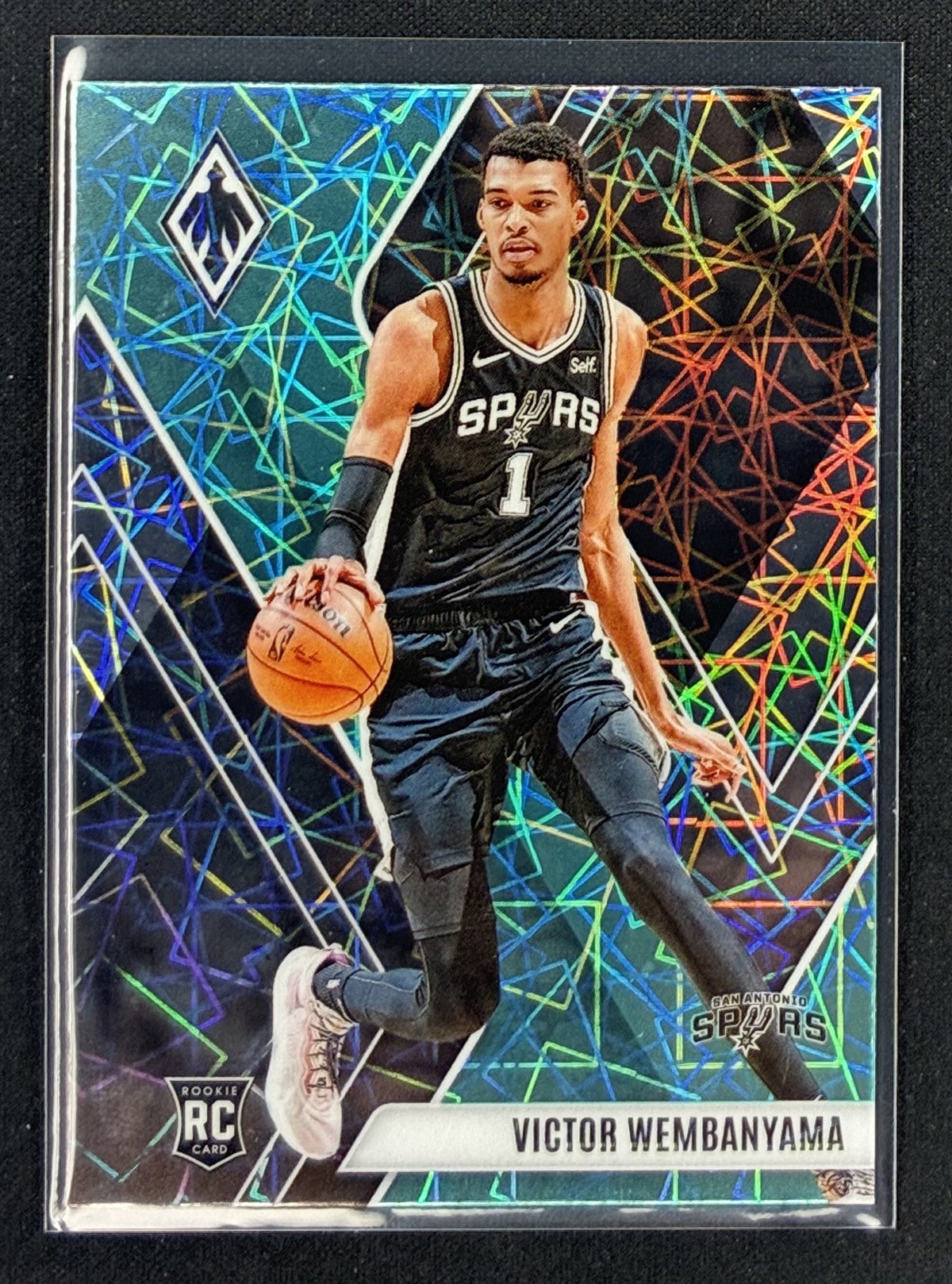 2023-24 Panini Phoenix Victor Wembanyama #256 Teal Lazer rookie card for the San Antonio Spurs