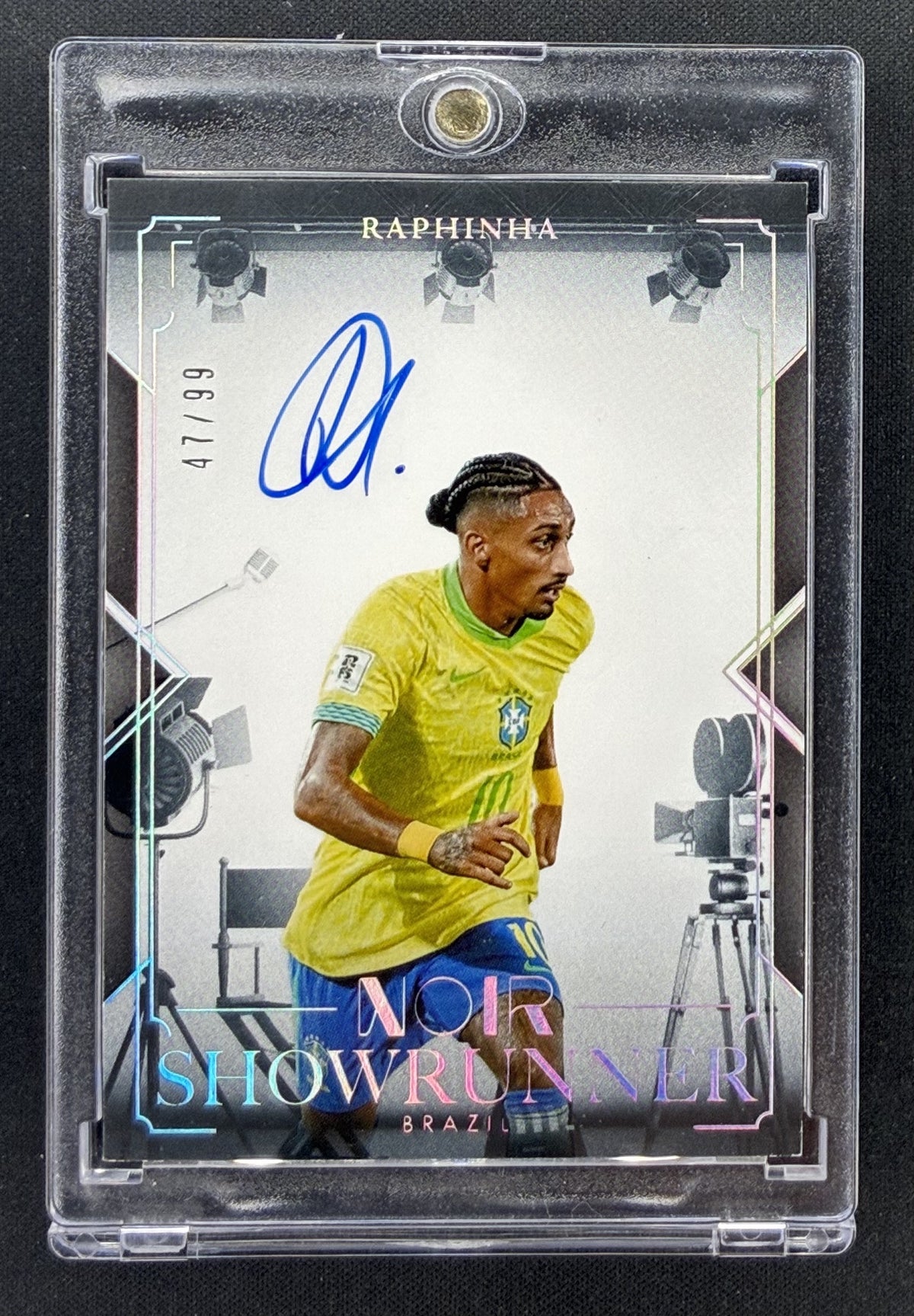 2025-26 Panini Noir Road to FIFA World Cup Raphinha Showrunner Signatures on-card autograph serial numbered to 99 for Brazil.