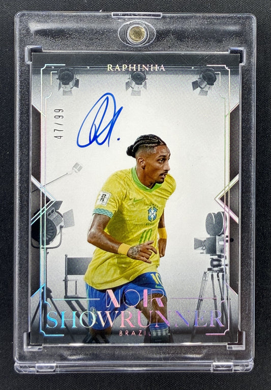 2025-26 Panini Noir Road to FIFA World Cup Raphinha Showrunner Signatures on-card autograph serial numbered to 99 for Brazil.