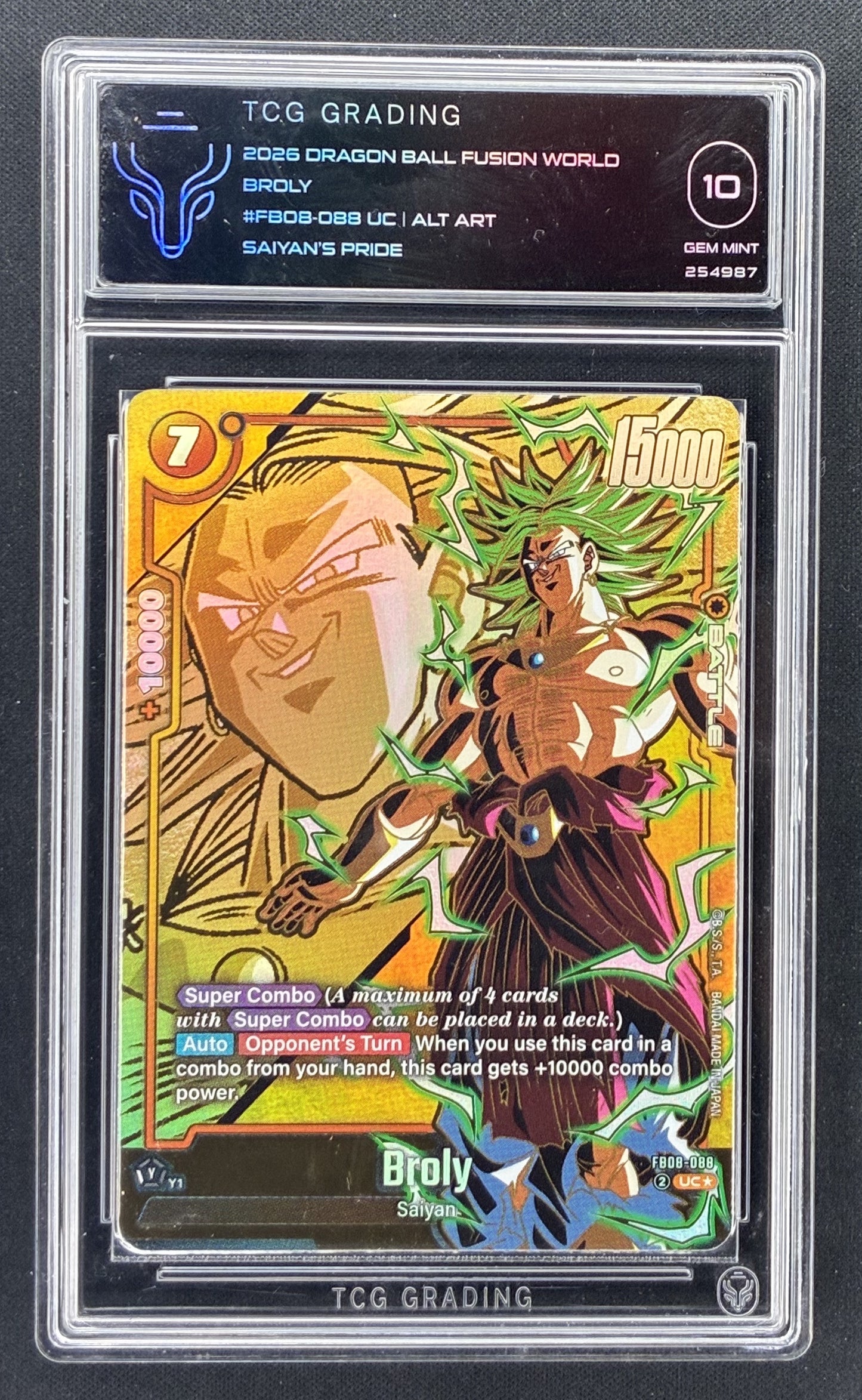 2025 Dragon Ball Super Fusion World Saiyan’s Pride Broly FB08-088 Alternate Art English card graded PSA 10 GEM MINT.