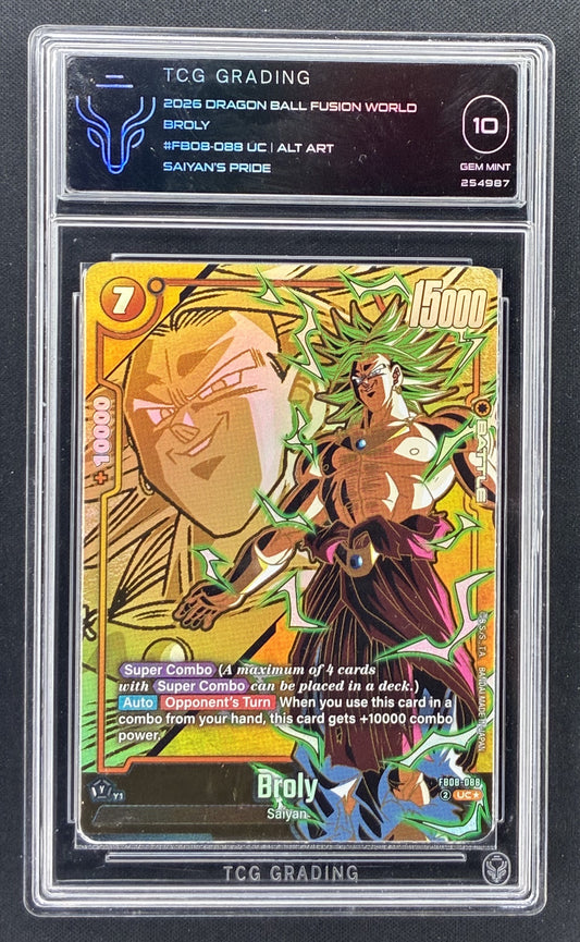 2025 Dragon Ball Super Fusion World Saiyan’s Pride Broly FB08-088 Alternate Art English card graded PSA 10 GEM MINT.