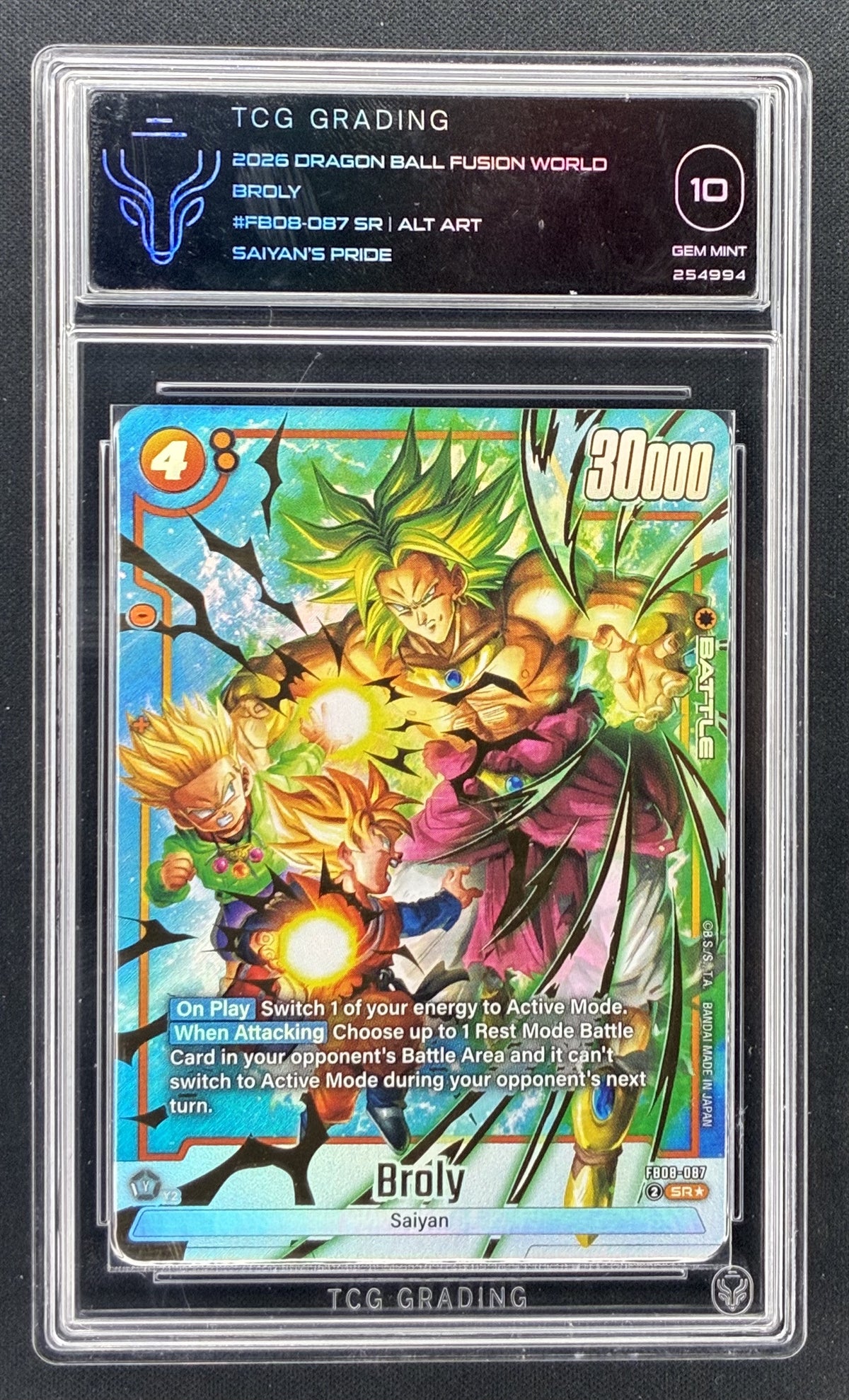 2025 Dragon Ball Super Fusion World Saiyan’s Pride Broly FB08-087 Alternate Art Super Rare foil card graded TCG 10.
