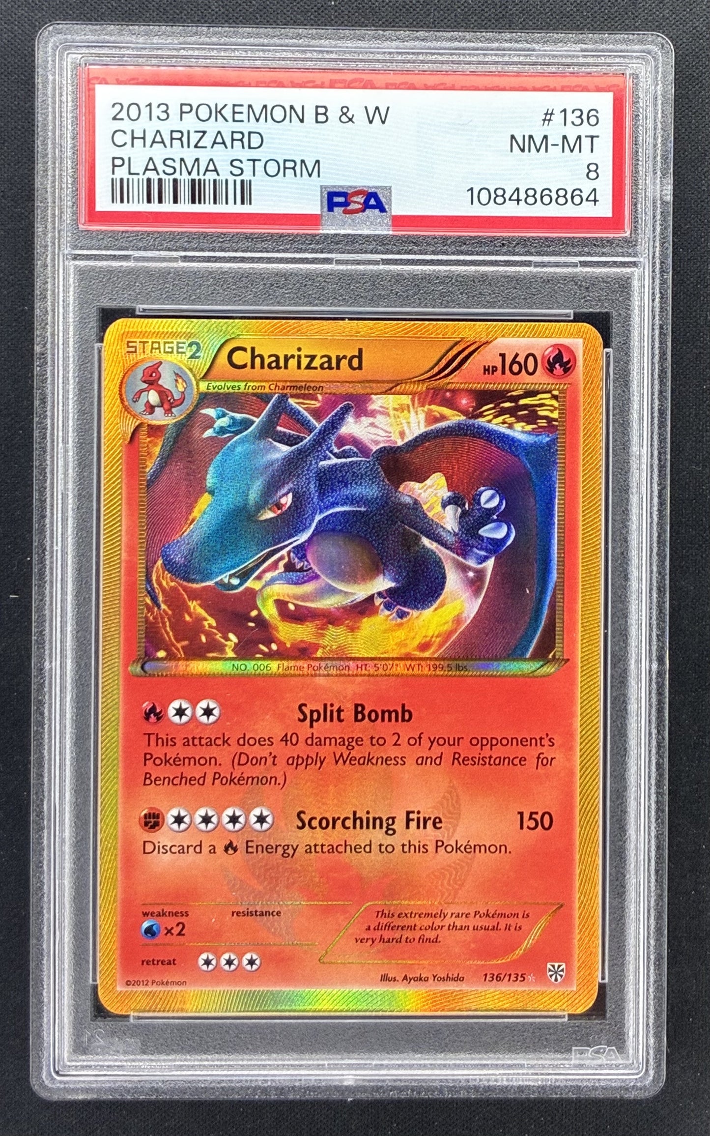 2013 Pokémon Black & White Plasma Storm Charizard 136/135 Shiny Secret Rare Holo card graded PSA 8 NM-MT.