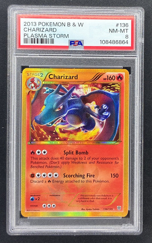 2013 Pokémon Black & White Plasma Storm Charizard 136/135 Shiny Secret Rare Holo card graded PSA 8 NM-MT.