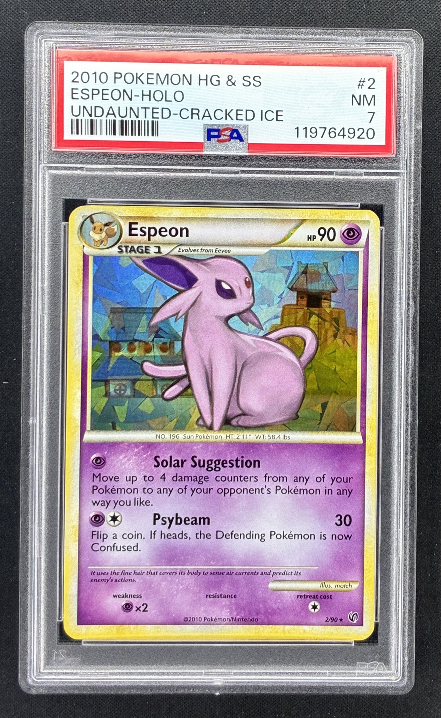 2010 Pokémon HGSS Undaunted Espeon 2/90 Cracked Ice Holo English card graded PSA 7 NM.