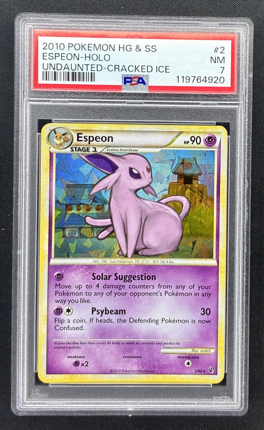 2010 Pokémon HGSS Undaunted Espeon 2/90 Cracked Ice Holo English card graded PSA 7 NM.